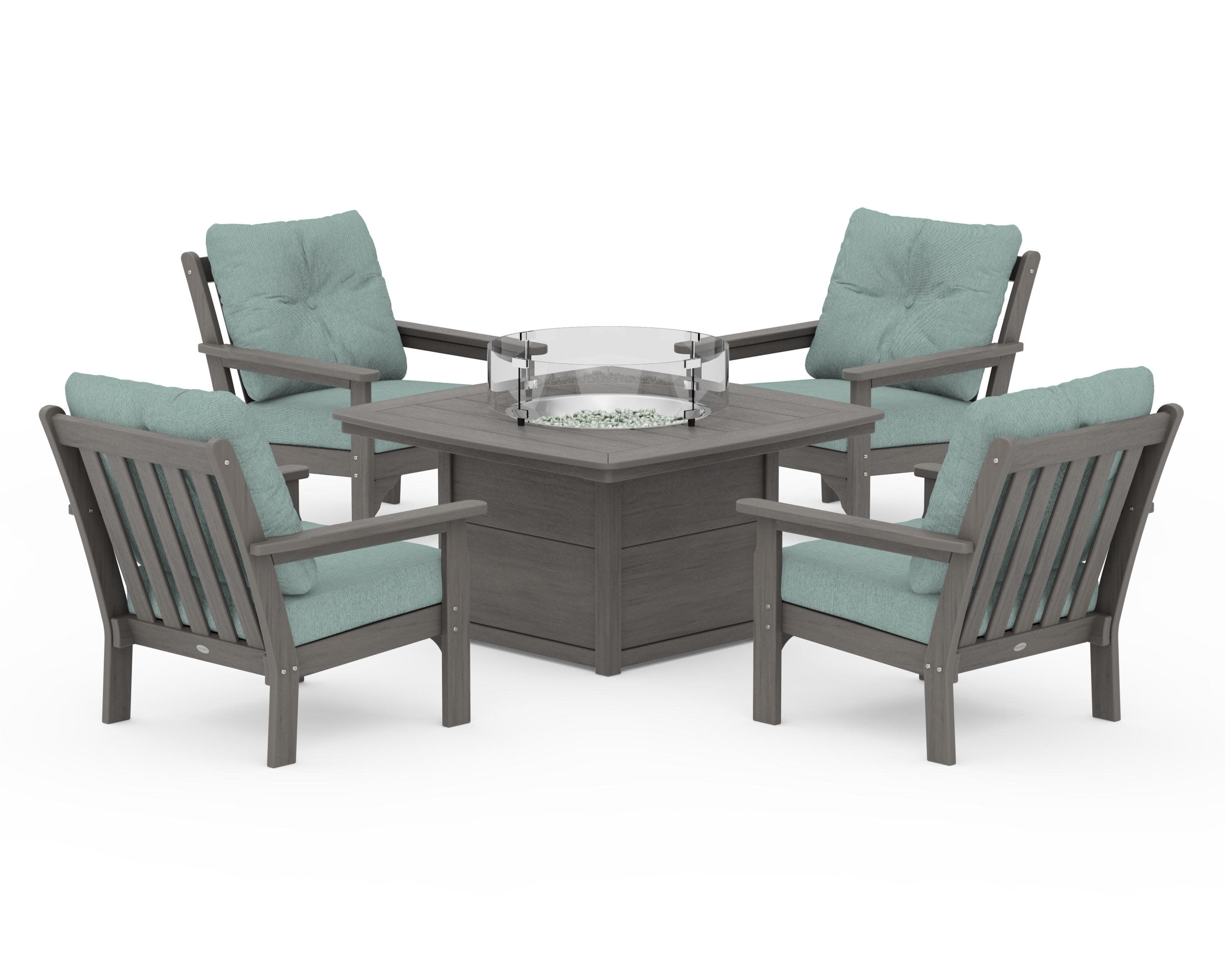 Vineyard 5-Piece Conversation Set with Fire Pit Table in Driftwood / Glacier Spa