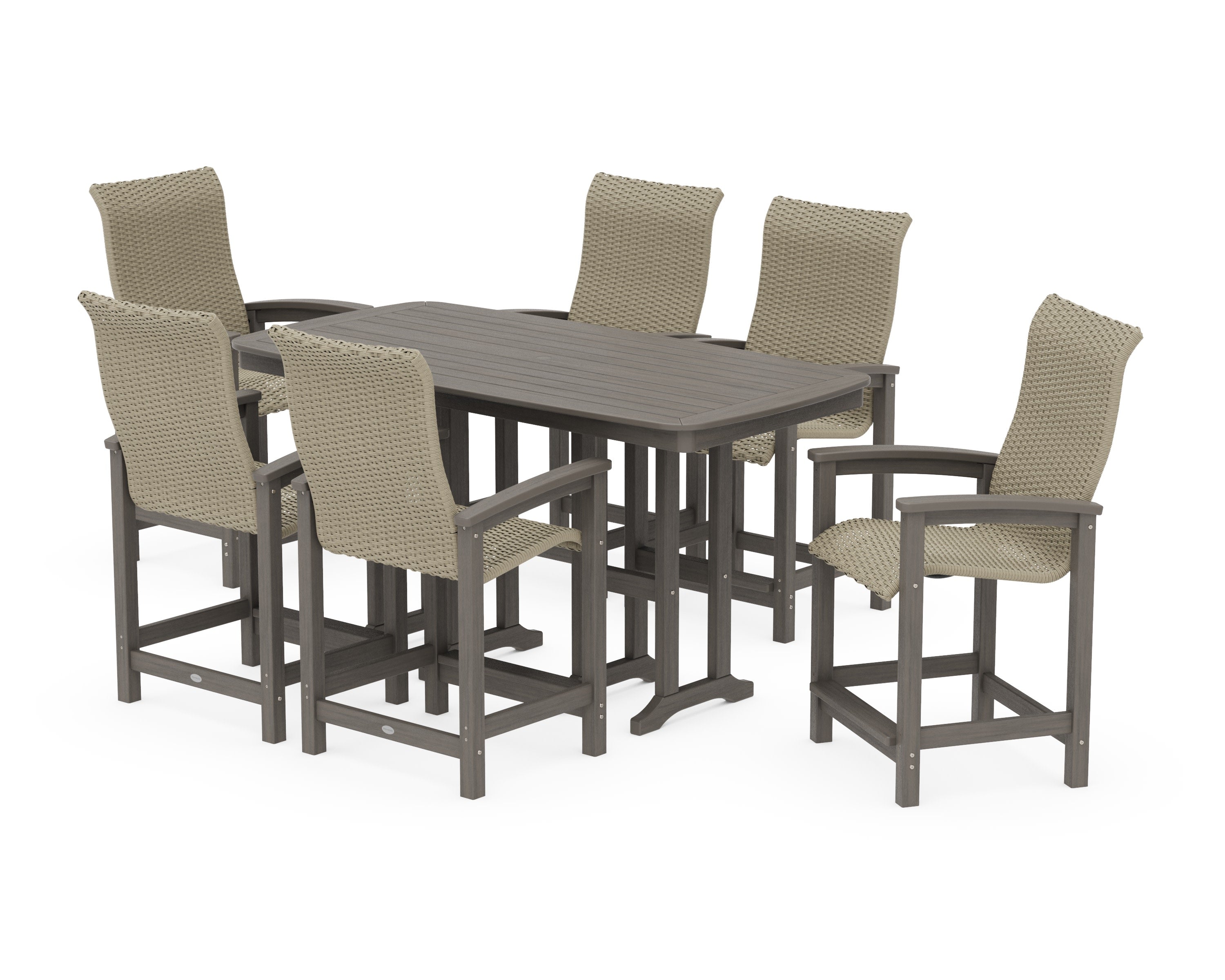 Coastal Woven High-Back Arm Chair 7-Piece Counter Set in Driftwood / Dune Grass