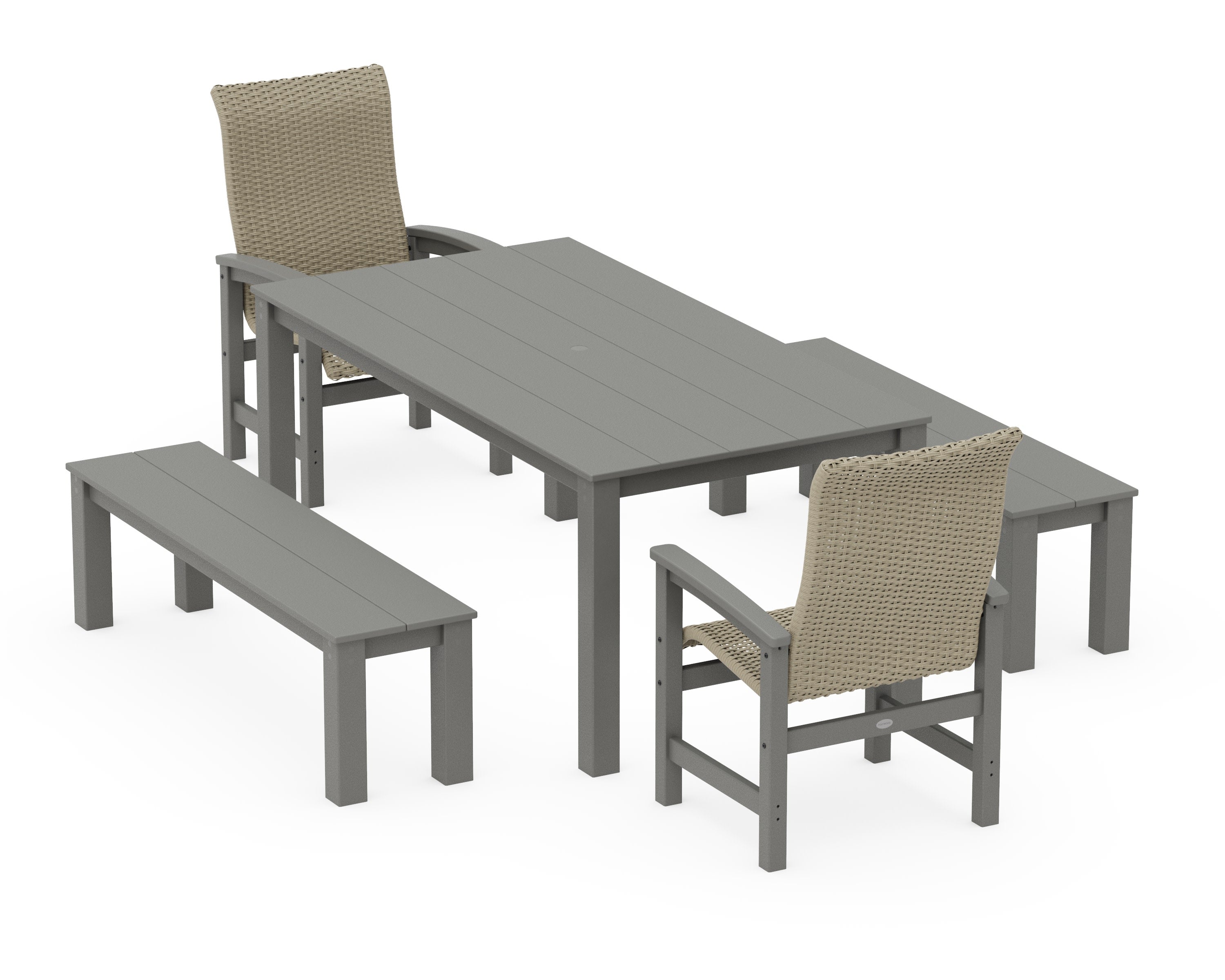 Coastal Woven High-Back 5-Piece Parsons Dining Set with Benches