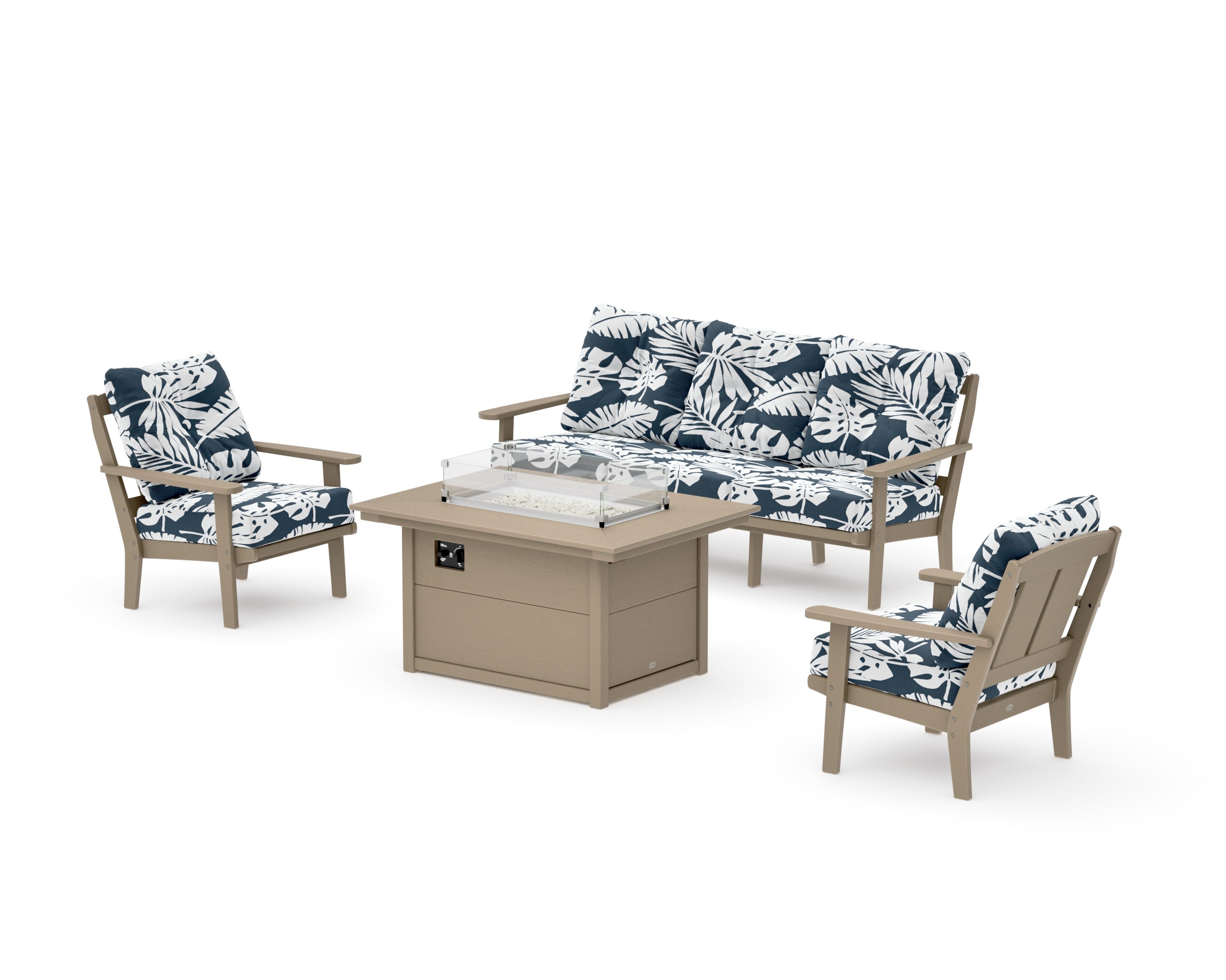 Mission Deep Seating Fire Pit Table Set in Vintage Sahara / Leaf Marine Indigo