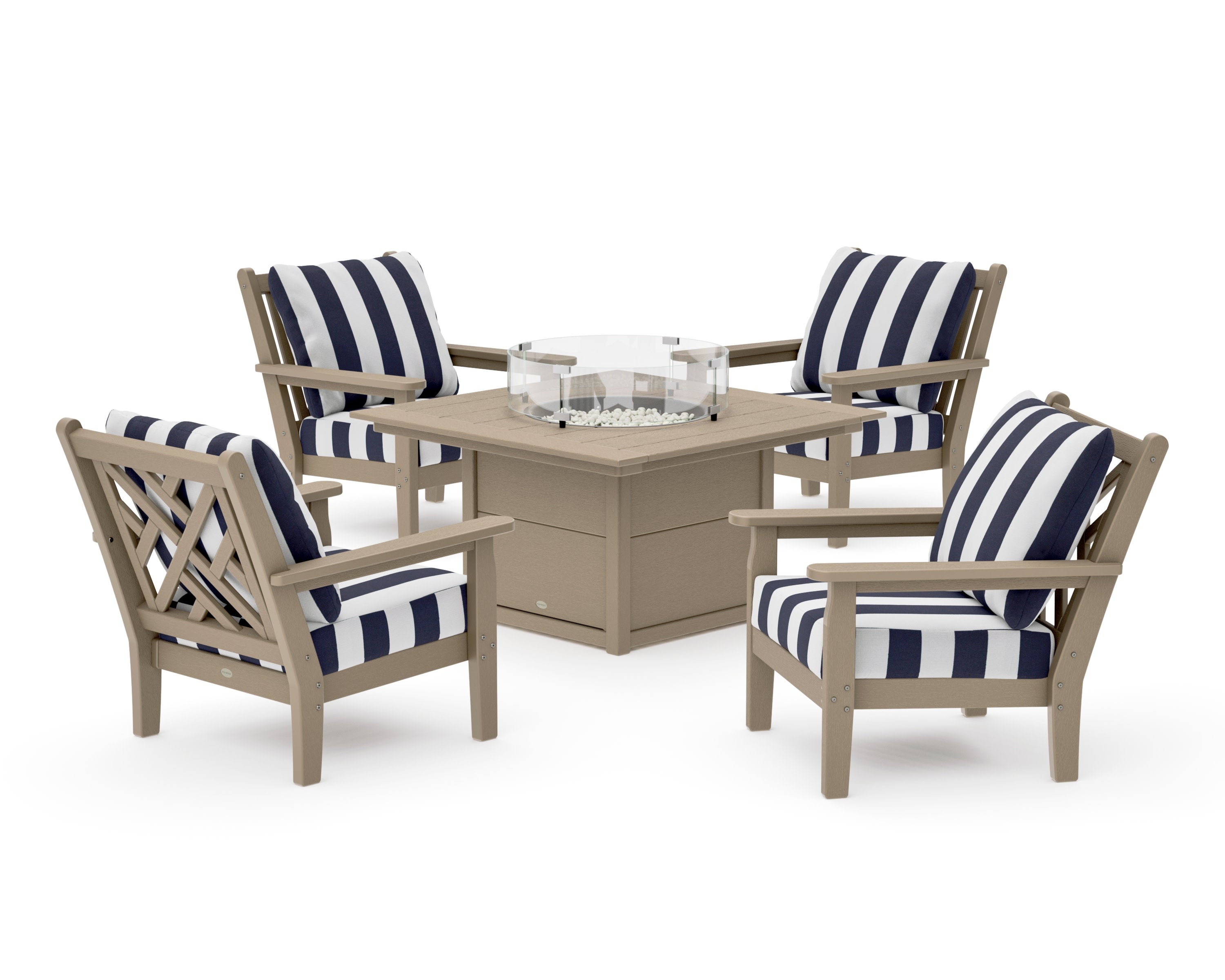 Chippendale 5-Piece Deep Seating Set with Fire Pit Table in Vintage Sahara / Cabana Stripe Navy