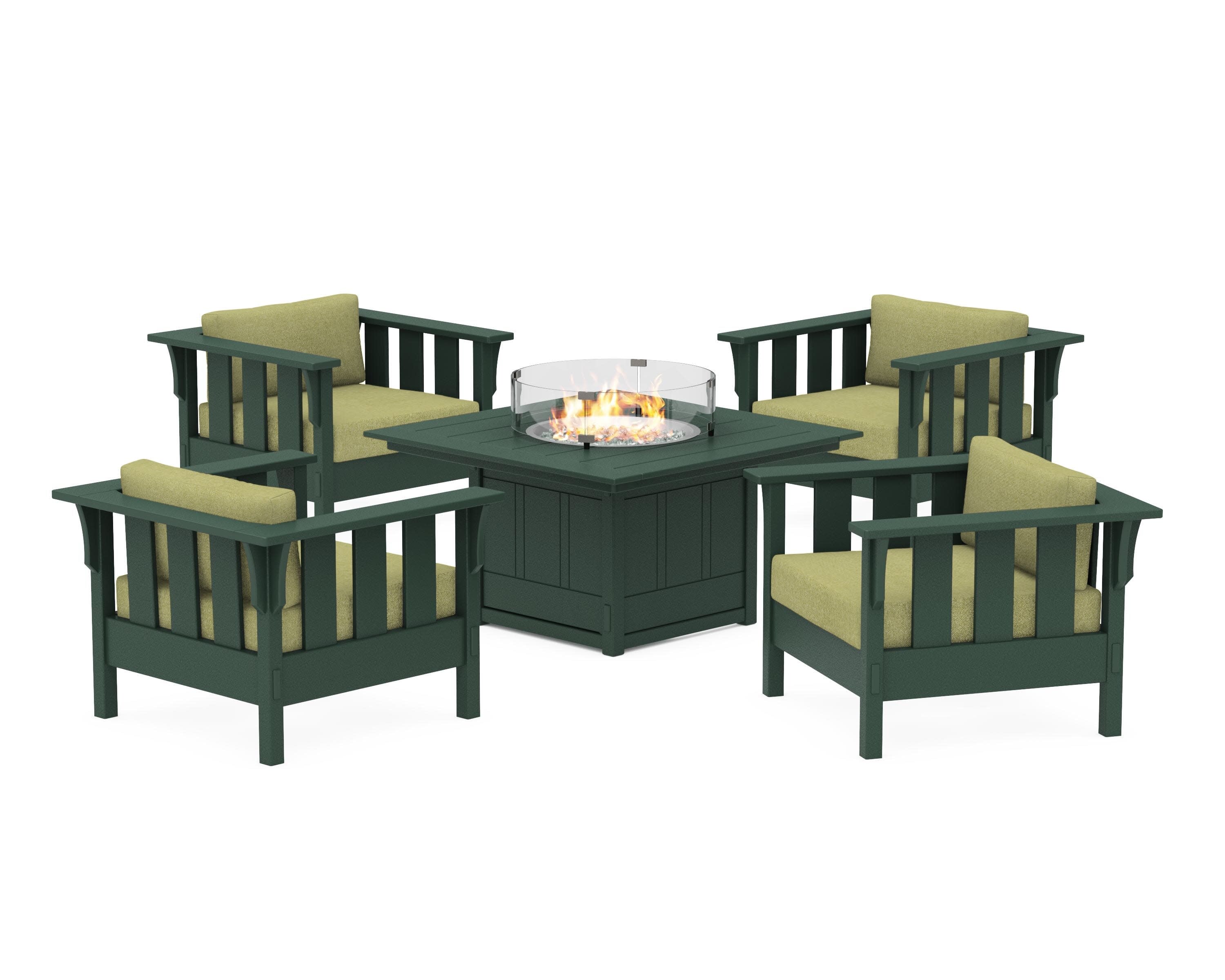 Acadia 5-Piece Deep Seating Set with Fire Pit Table in Green / Chartreuse Boucle
