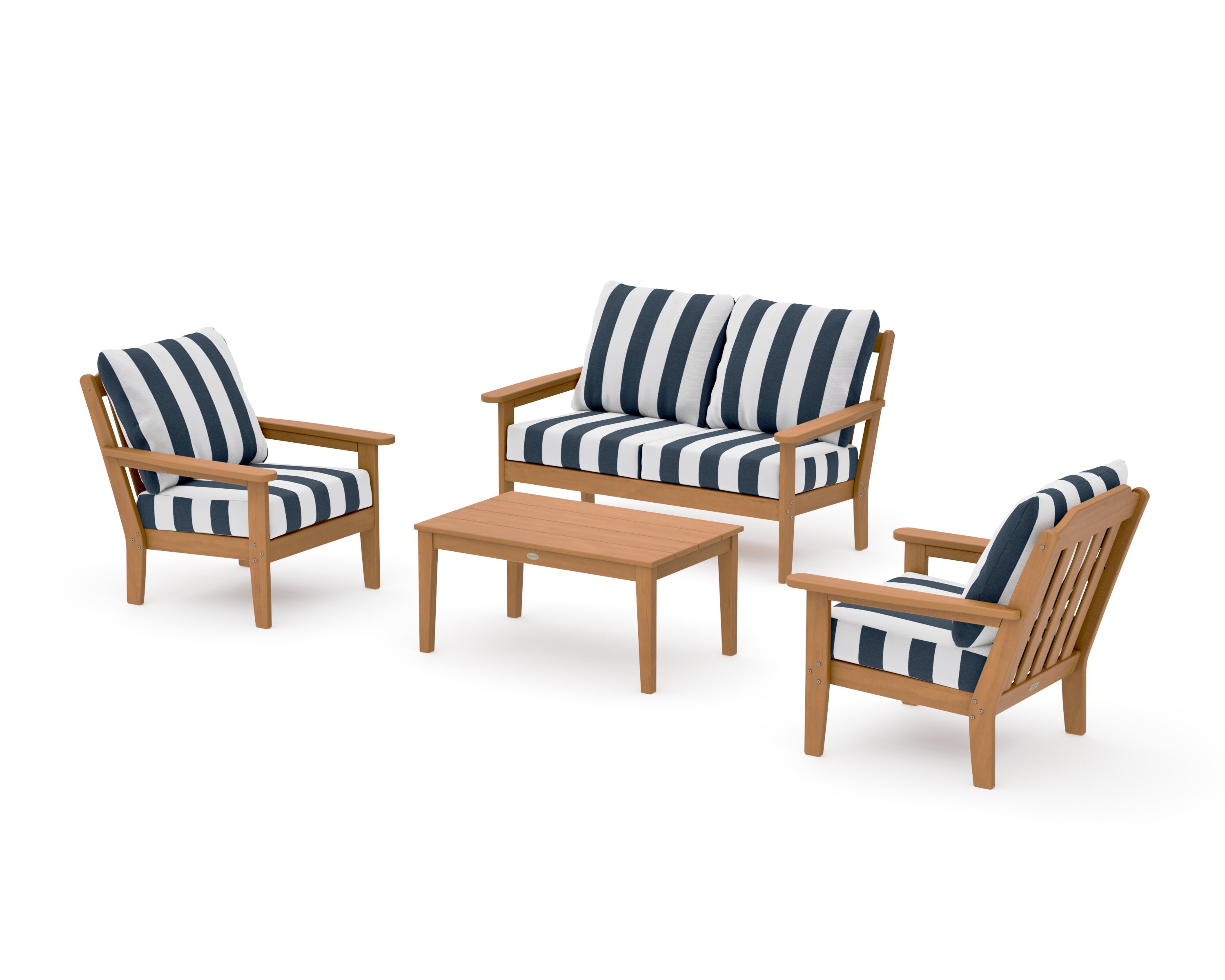 Cottage 4-Piece Deep Seating Set with Loveseat in Natural / Cabana Stripe Marine Indigo