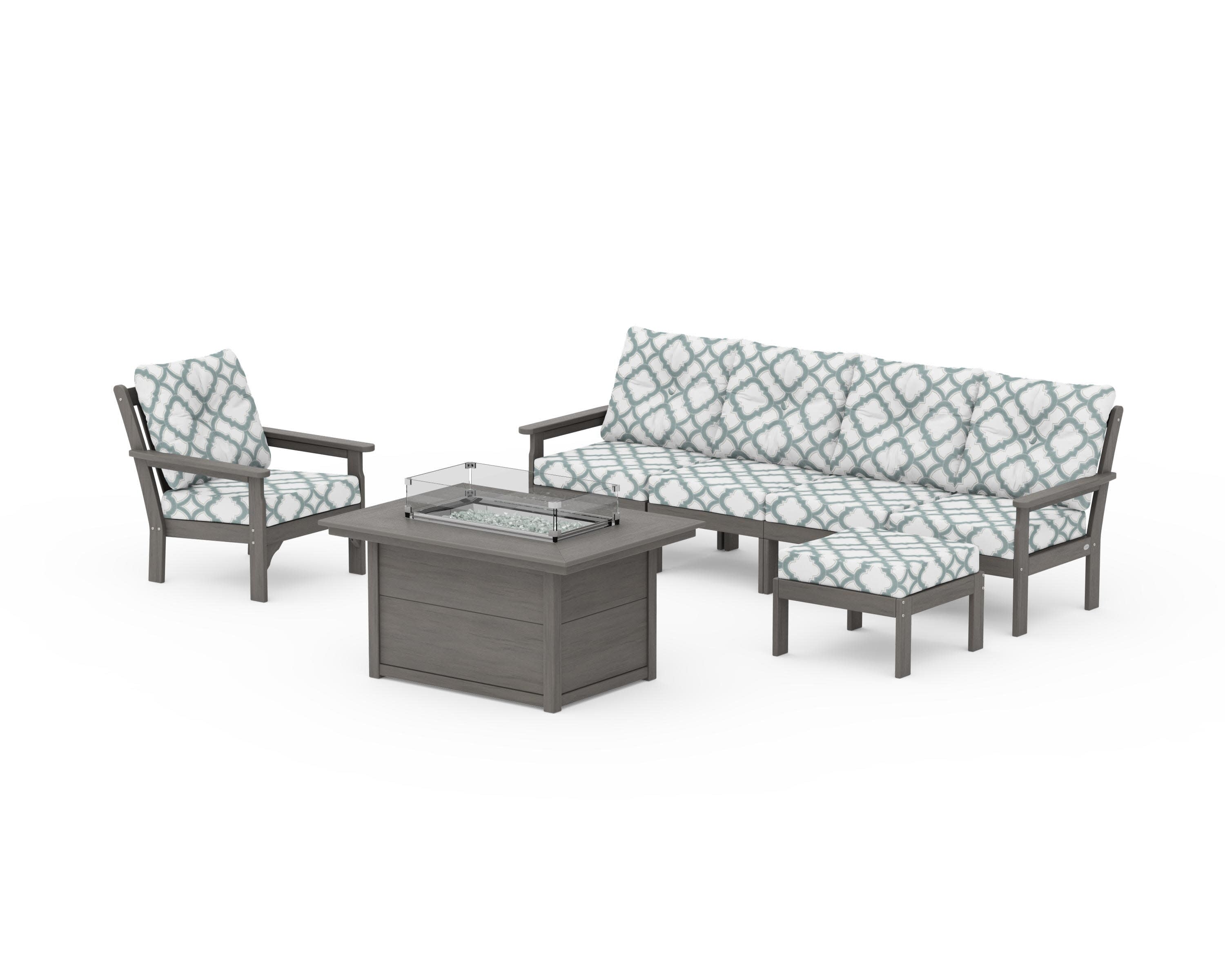 Vineyard Sectional Lounge and Fire Pit Set in Driftwood / Trellis Glacier Spa