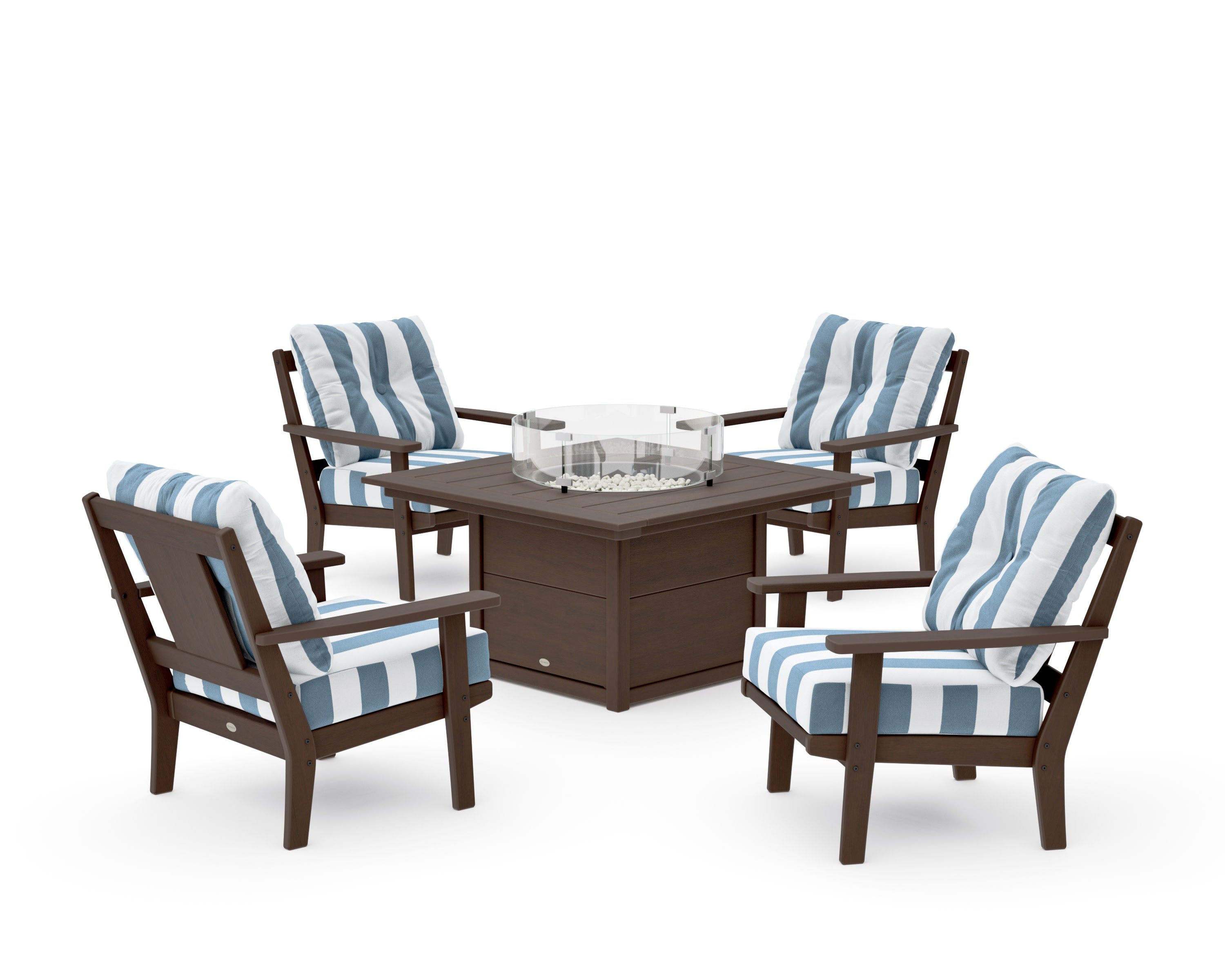 Prairie 5-Piece Deep Seating Set with Fire Pit Table in Kona / Cabana Stripe Sky Blue