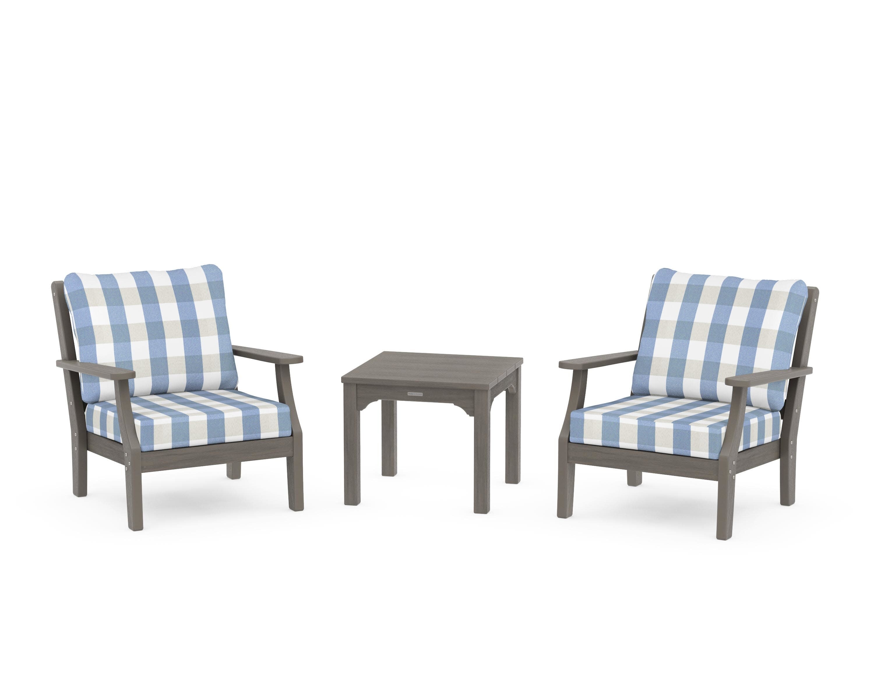 Chinoiserie 3-Piece Deep Seating Set in Driftwood / Buffalo Plaid Sky Blue