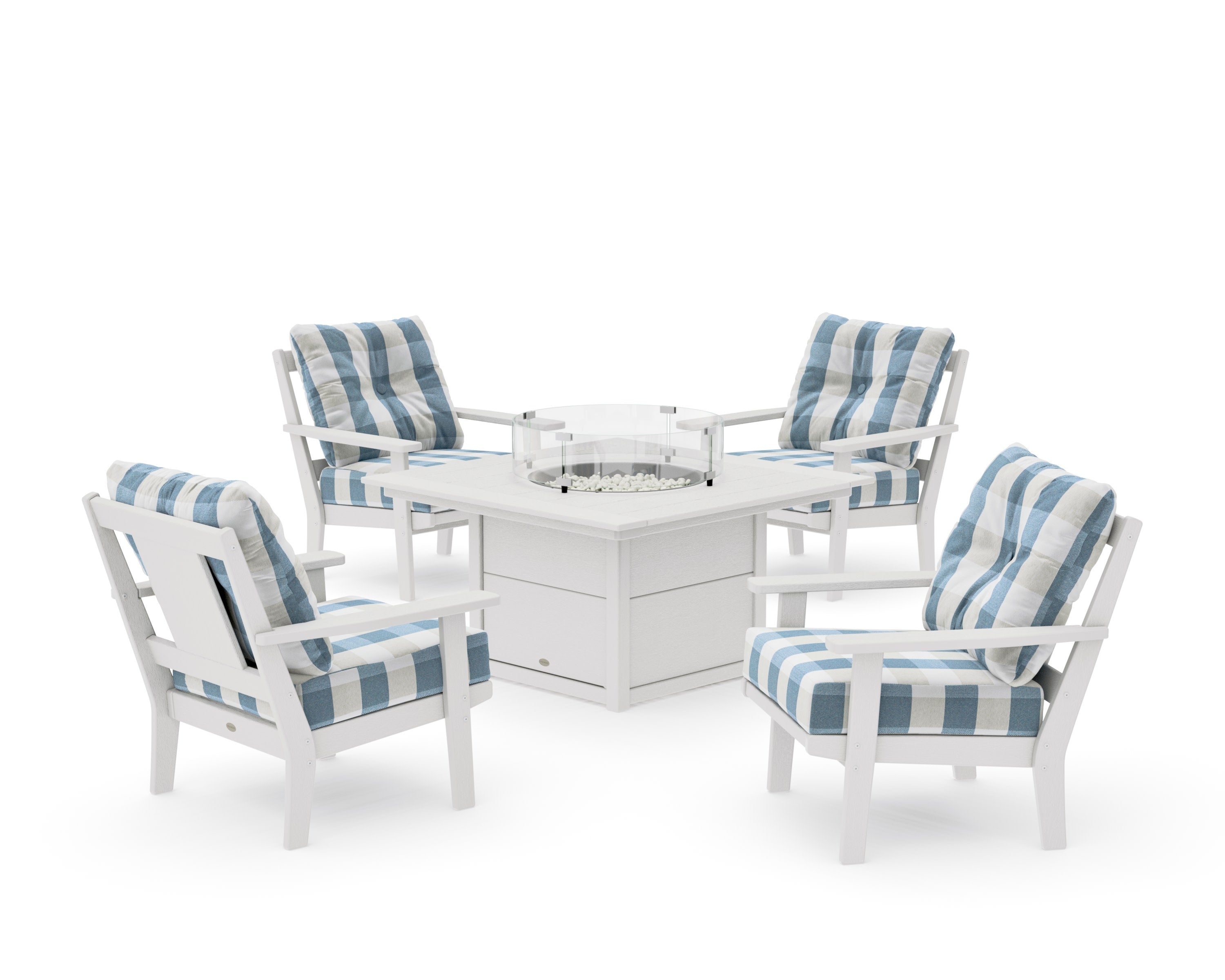 Prairie 5-Piece Deep Seating Set with Fire Pit Table in Vintage White / Buffalo Plaid Sky Blue