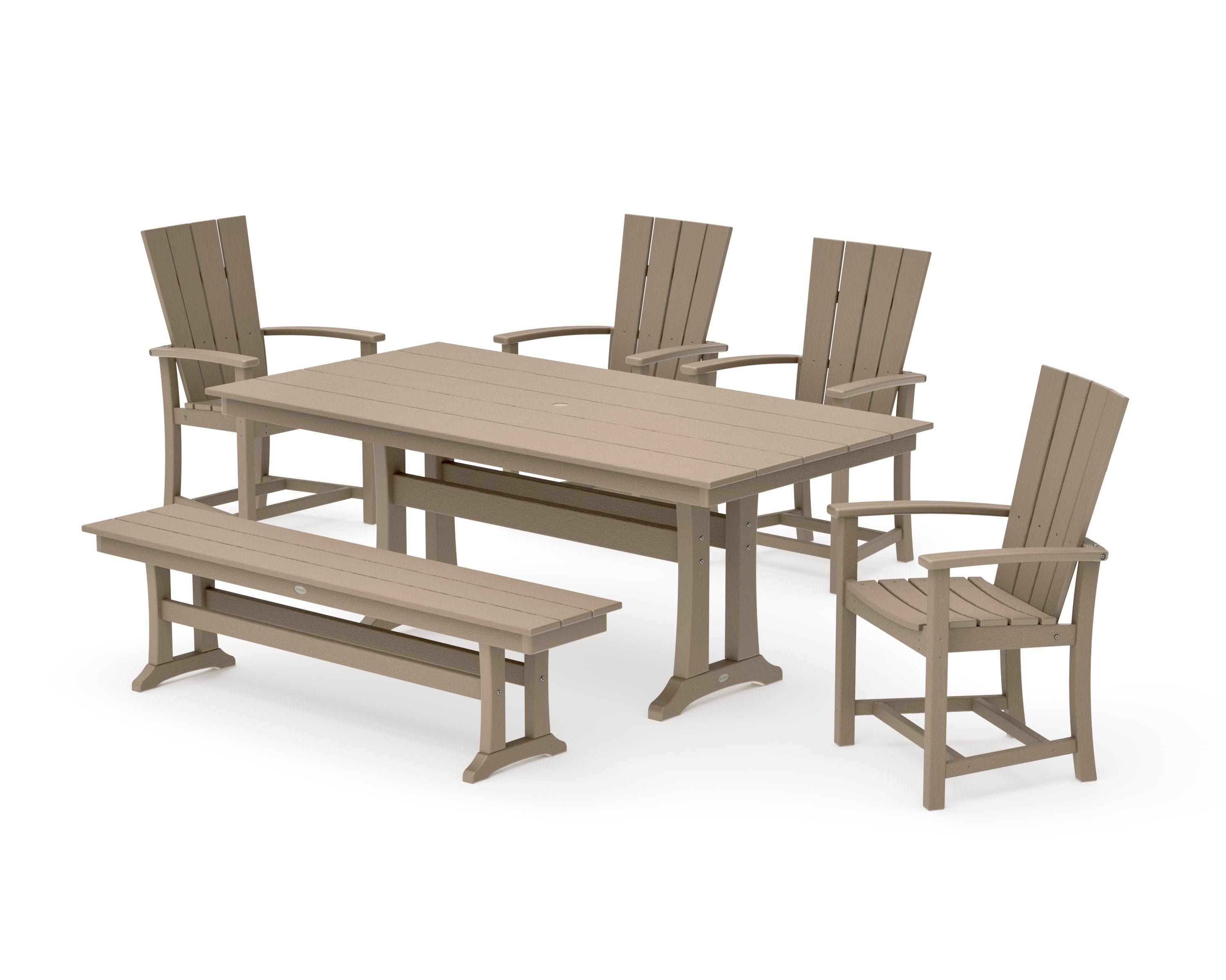 Quattro 6-Piece Farmhouse Dining Set with Trestle Legs and Bench in Vintage Sahara