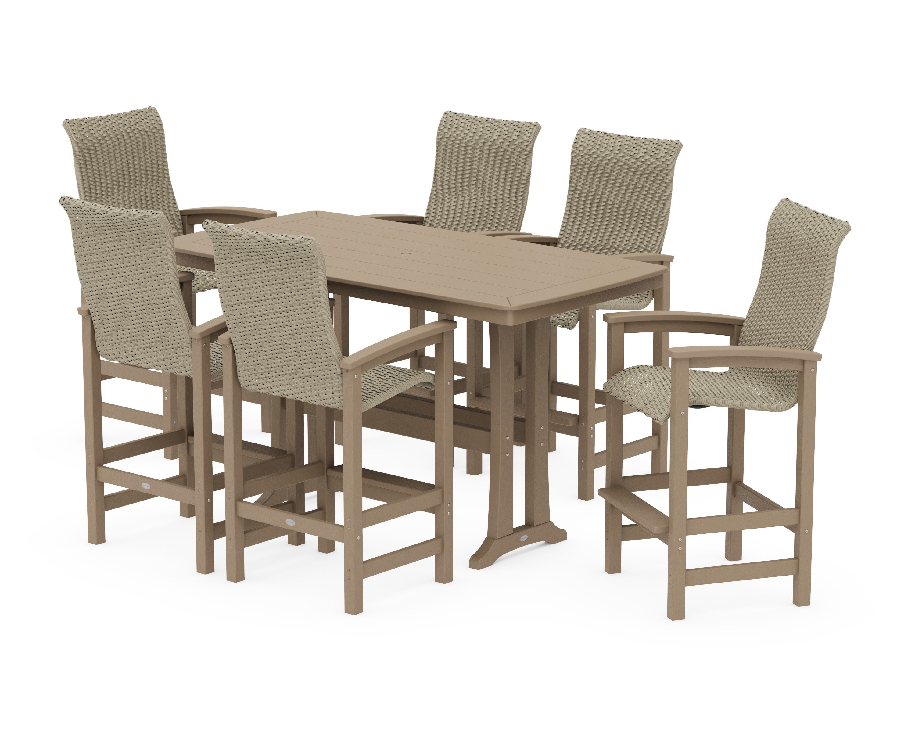 Coastal Woven High-Back Arm Chair 7-Piece Bar Set with Trestle Legs in Vintage Sahara / Dune Grass
