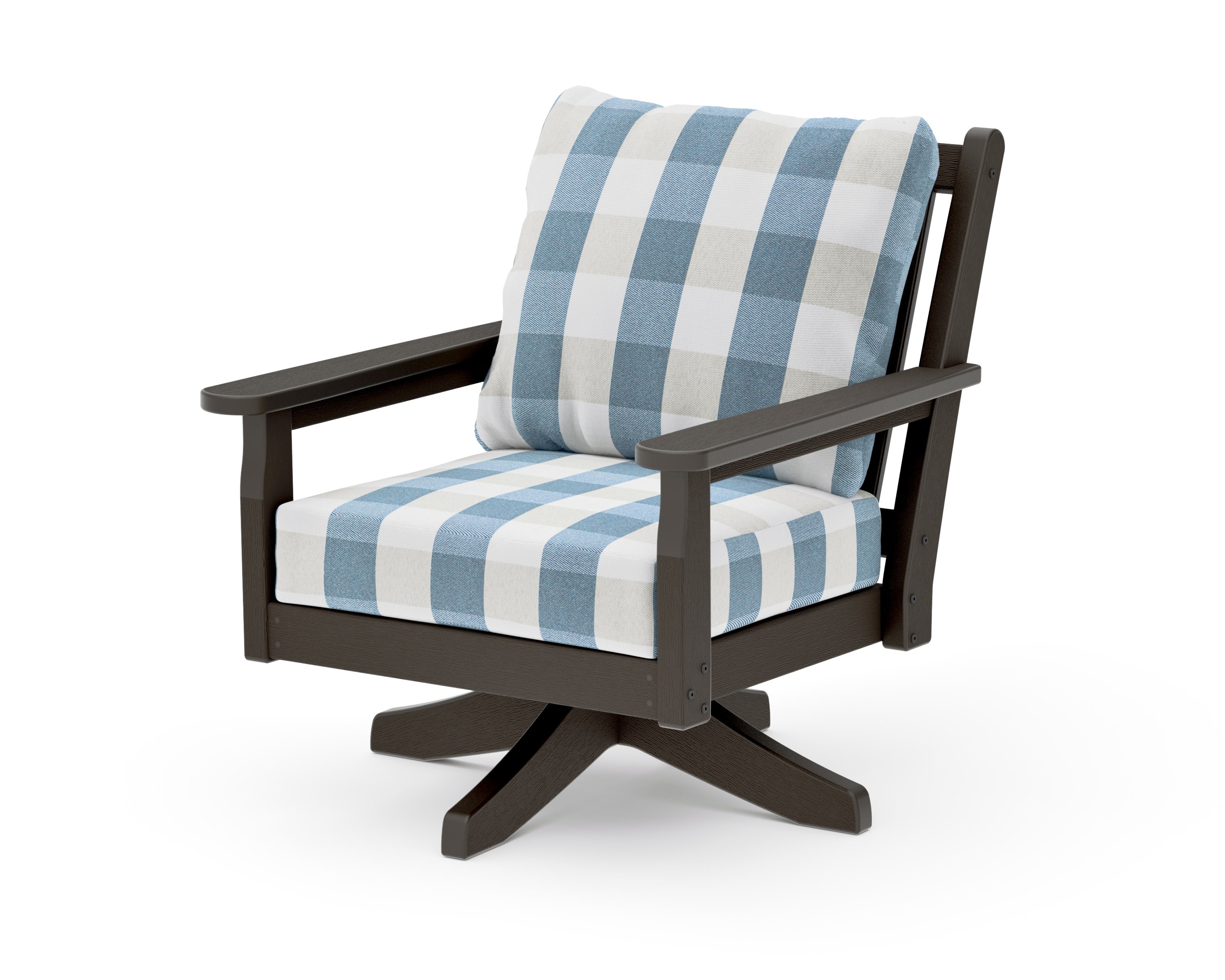 Chippendale Deep Seating Swivel Chair in Vintage Coffee / Buffalo Plaid Sky Blue
