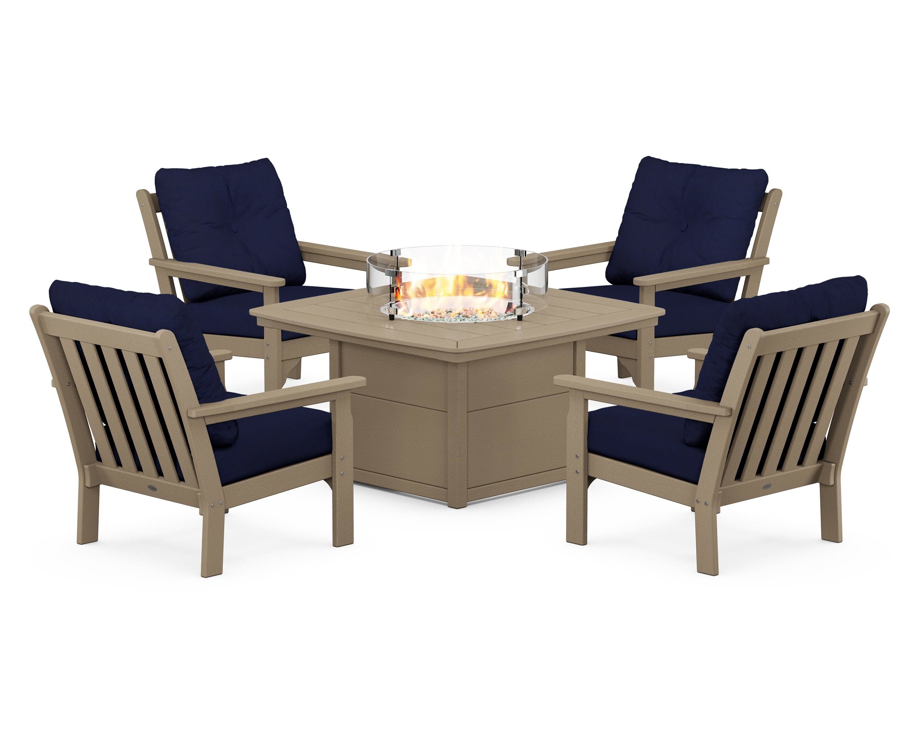 Vineyard 5-Piece Conversation Set with Fire Pit Table in Vintage Sahara / Navy