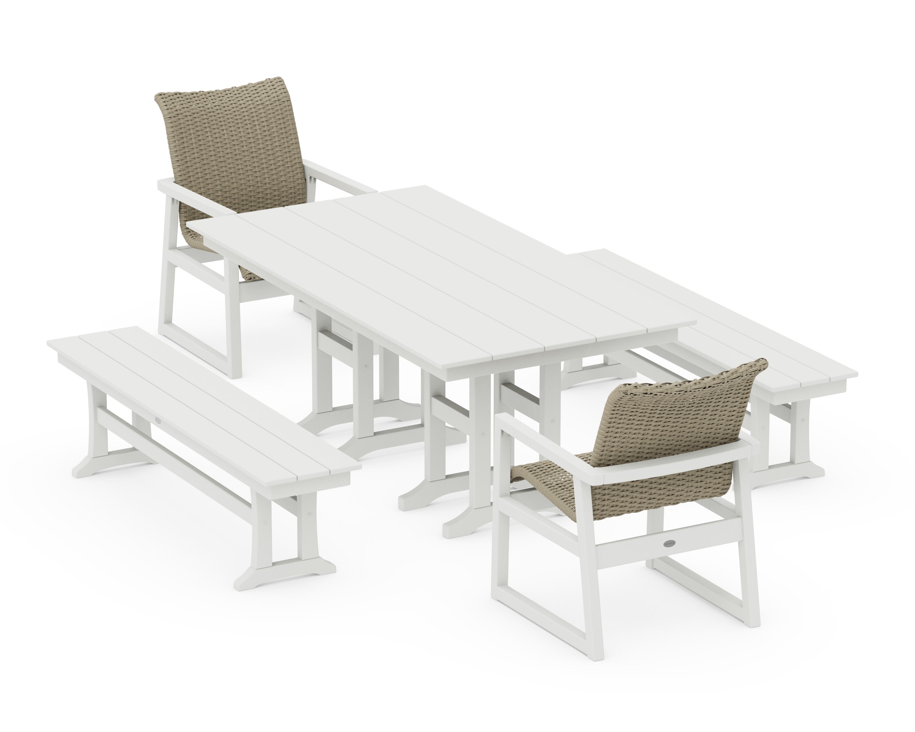 EDGE Woven 5-Piece Farmhouse Dining Set with Benches in White / Dune Grass
