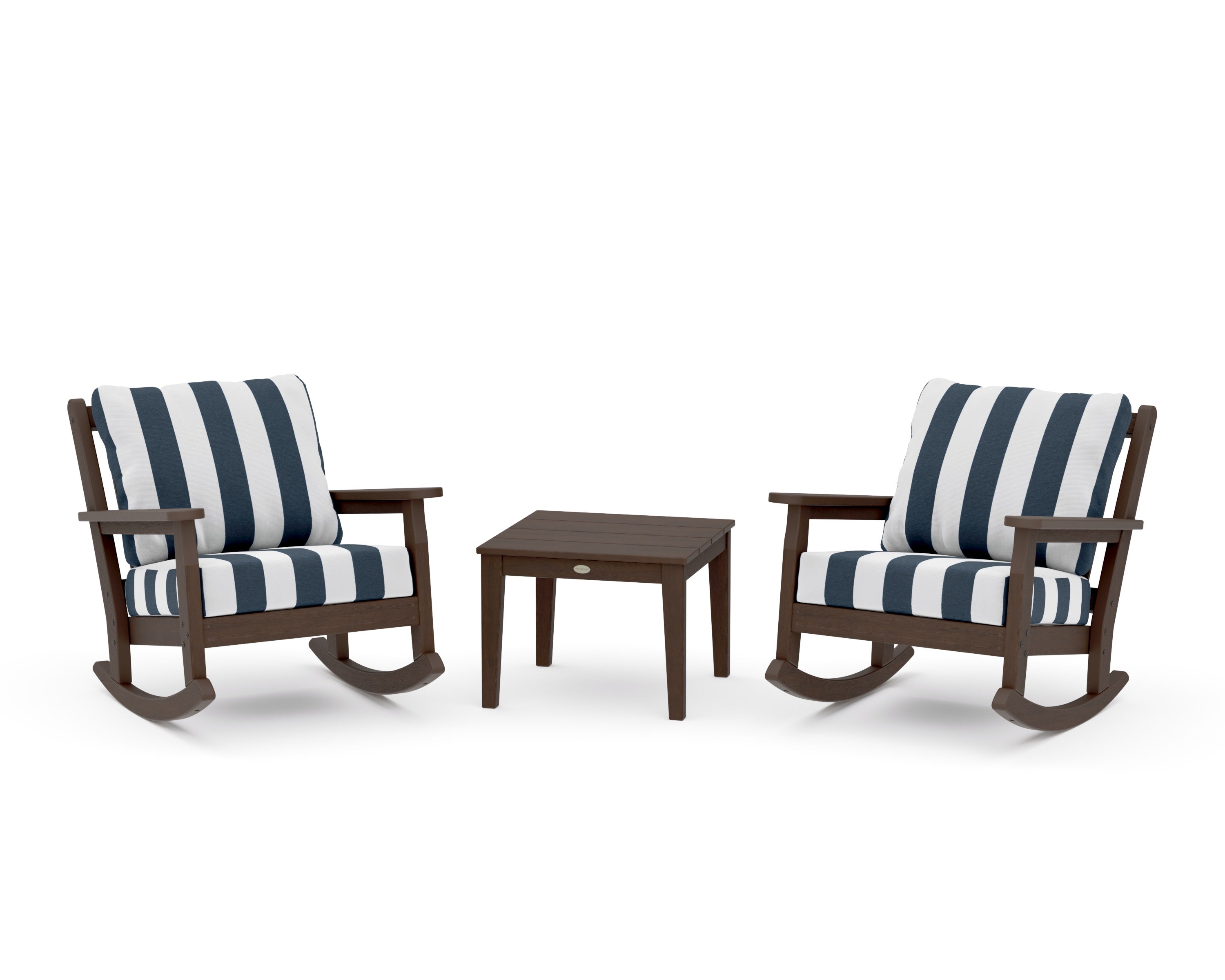 Chippendale 3-Piece Deep Seating Rocker Set in Kona / Cabana Stripe Marine Indigo
