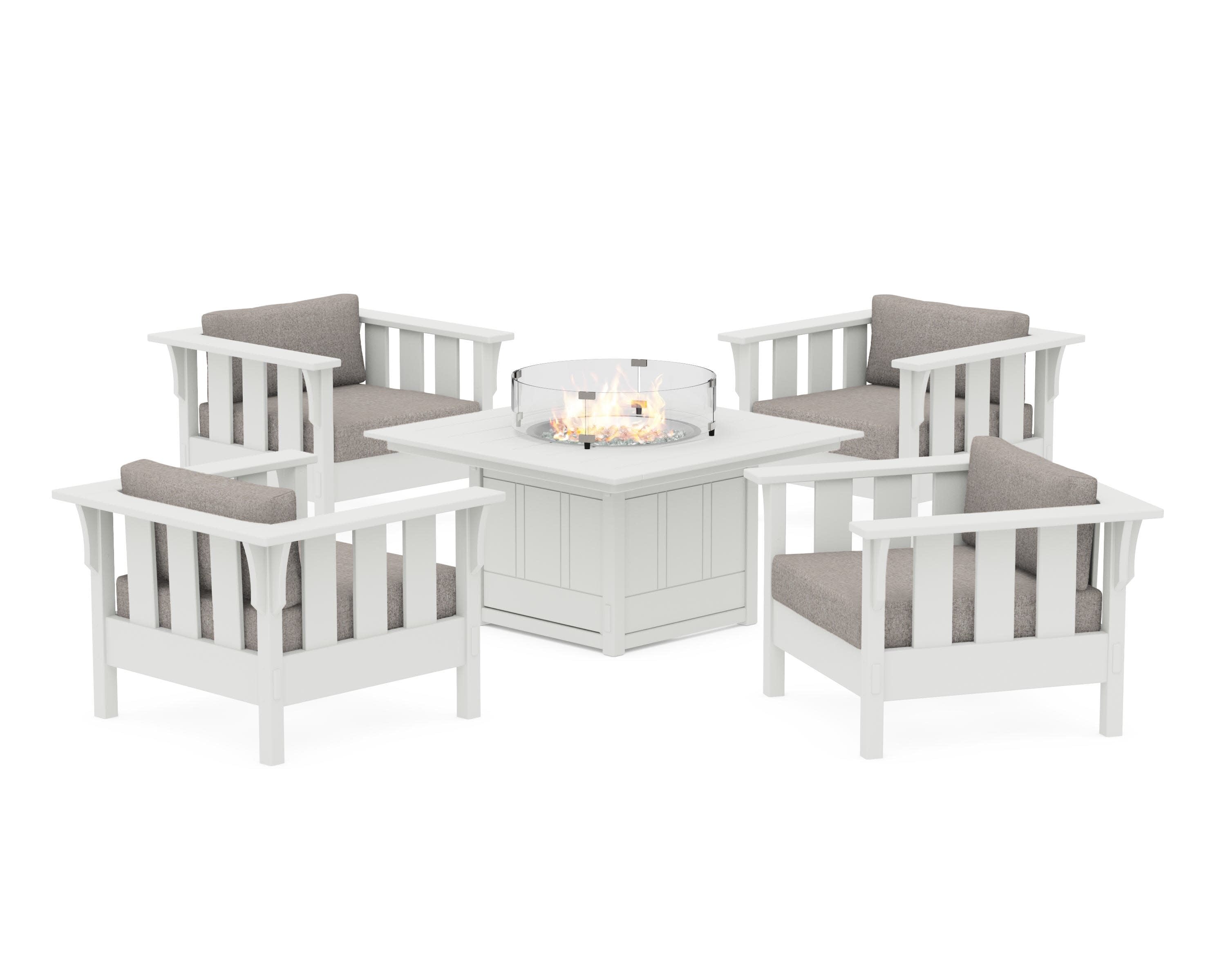 Acadia 5-Piece Deep Seating Set with Fire Pit Table in White / Weathered Tweed
