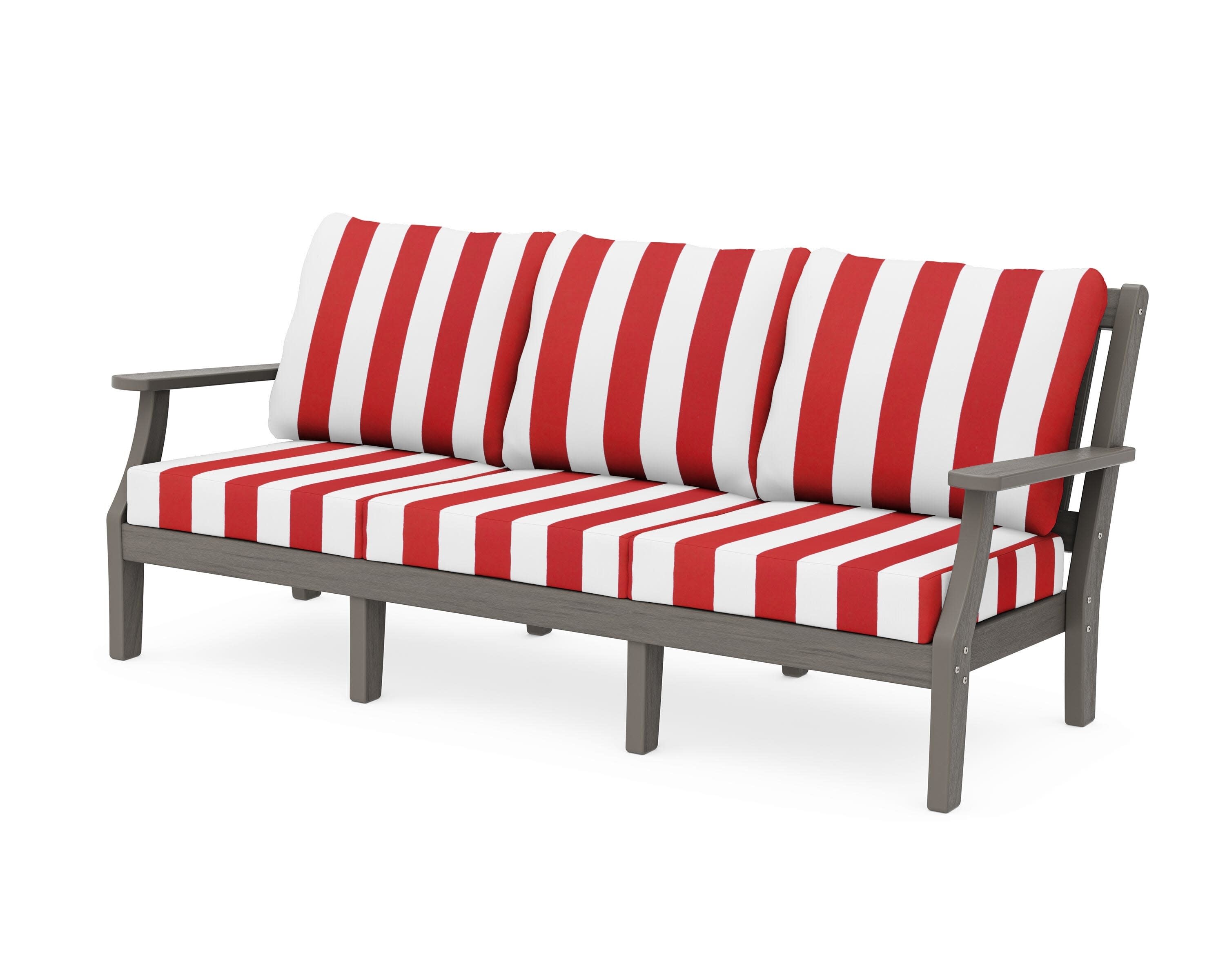 Chinoiserie Deep Seating Sofa in Driftwood / Cabana Stripe Crimson