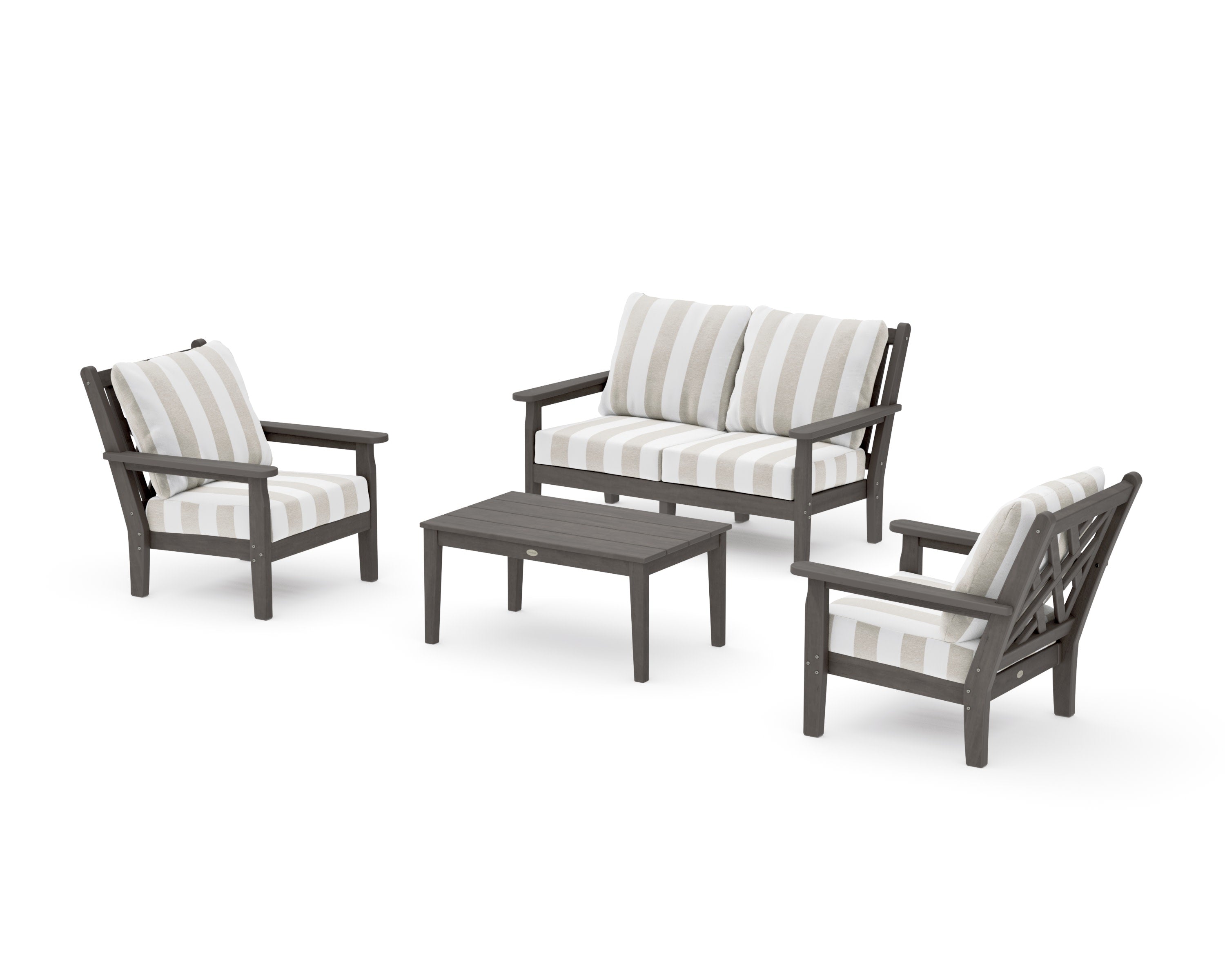 Chippendale 4-Piece Deep Seating Set with Loveseat in Driftwood / Cabana Stripe Dune Burlap