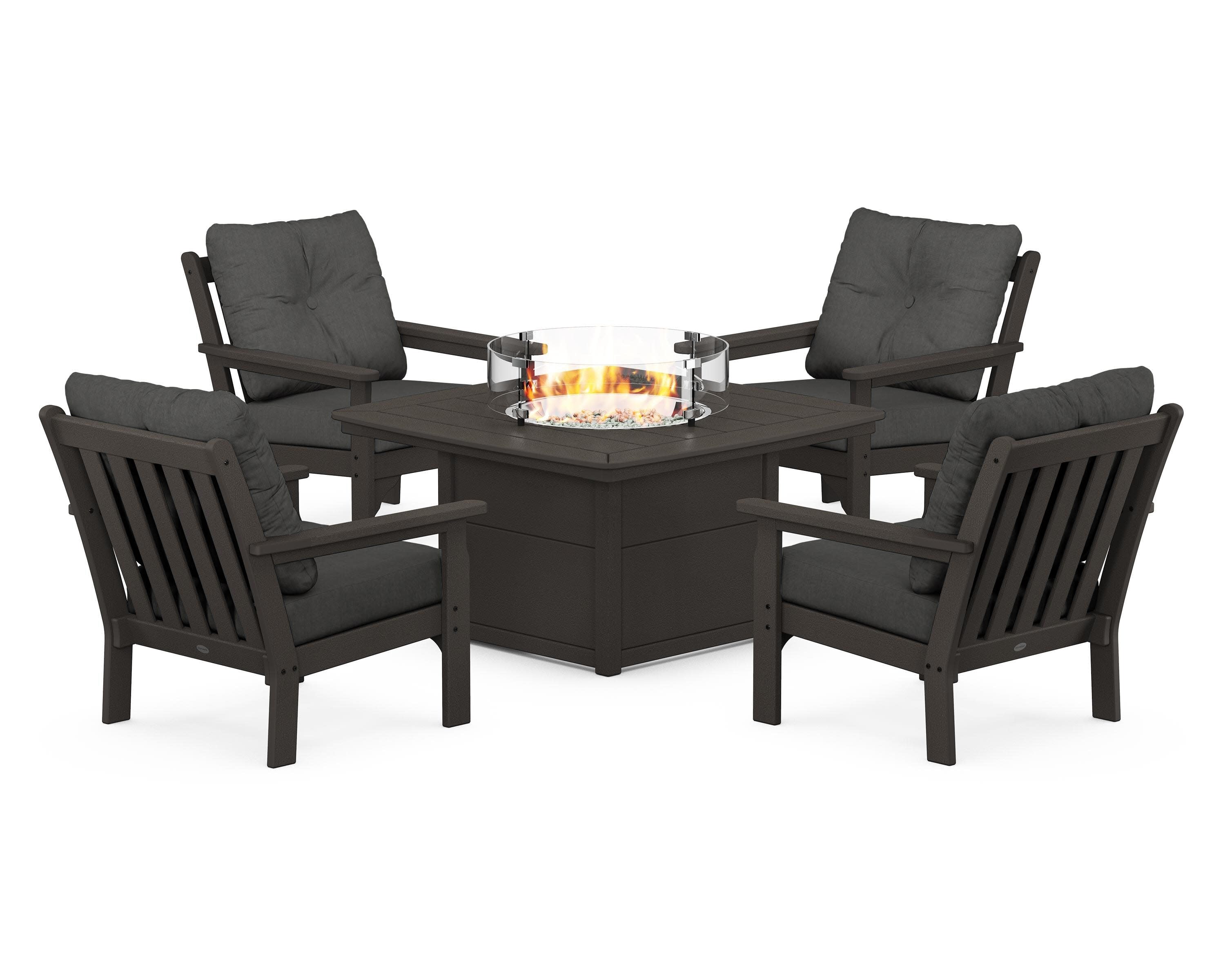 Vineyard 5-Piece Conversation Set with Fire Pit Table in Vintage Coffee / Spectrum Carbon