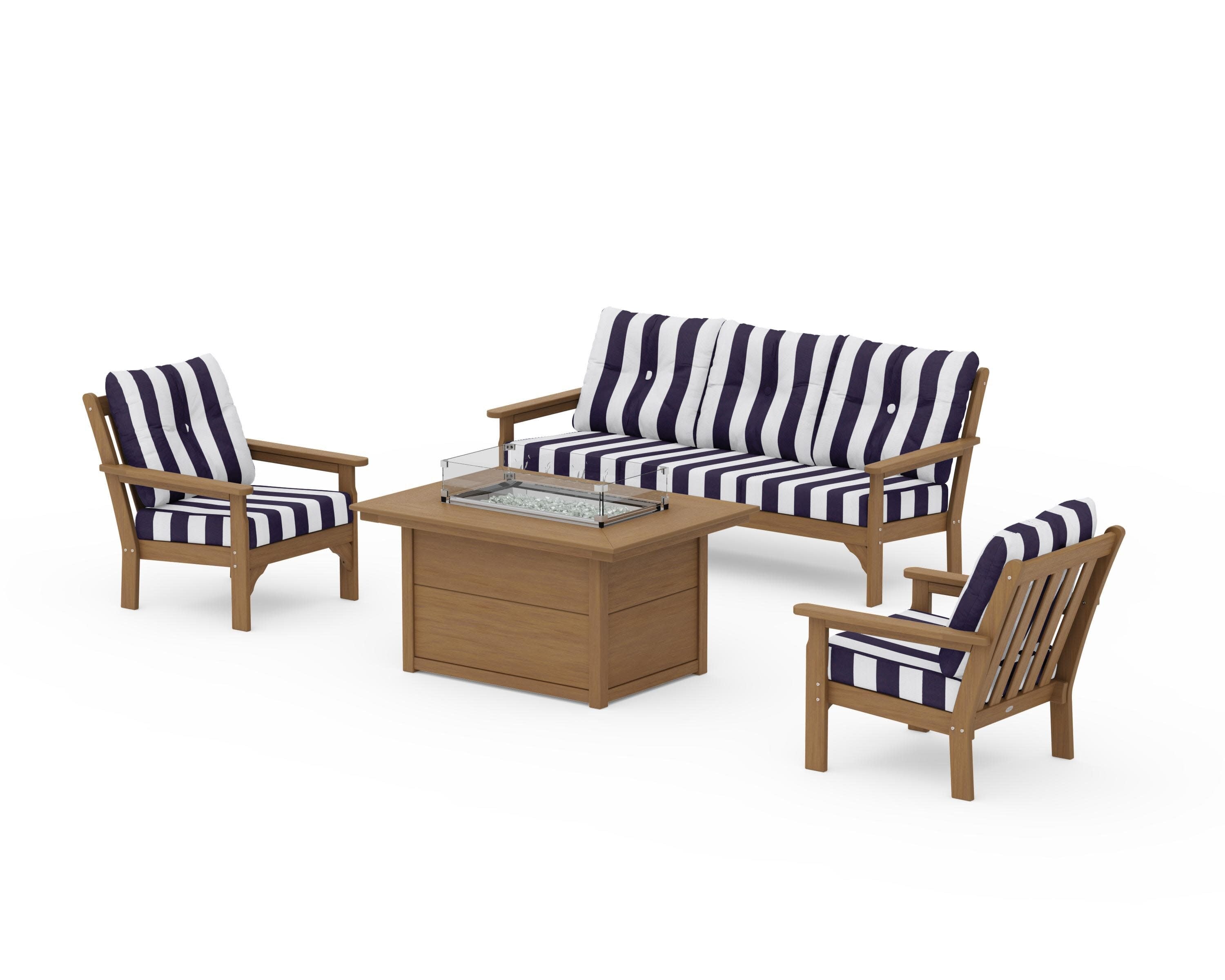 Vineyard Deep Seating Fire Pit Table Set in Natural / Cabana Stripe Navy