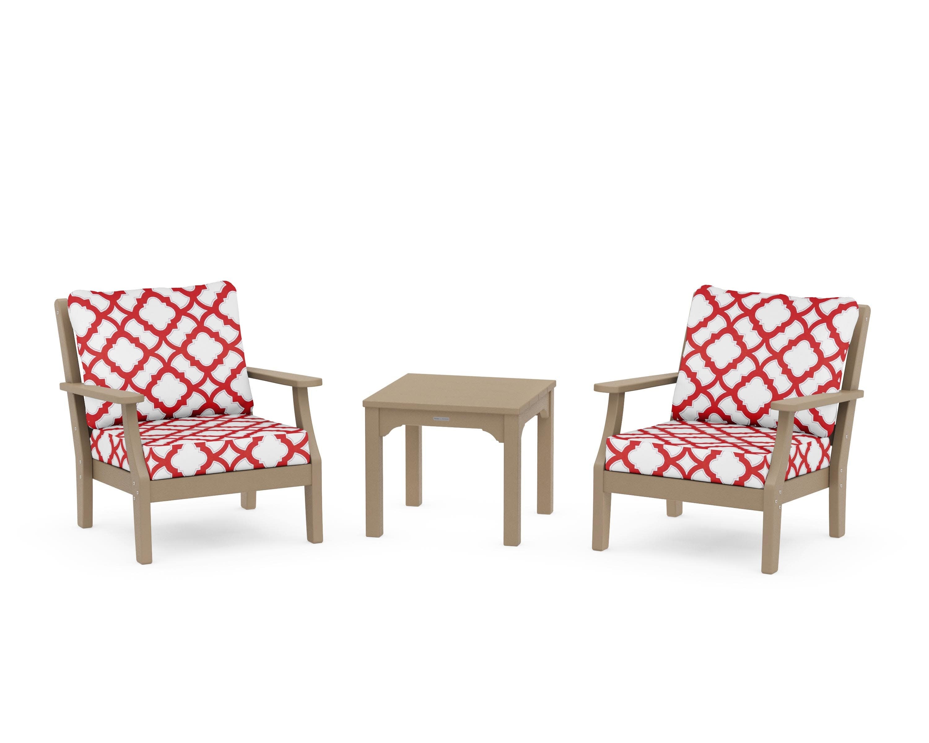 Chinoiserie 3-Piece Deep Seating Set in Vintage Sahara / Trellis Crimson