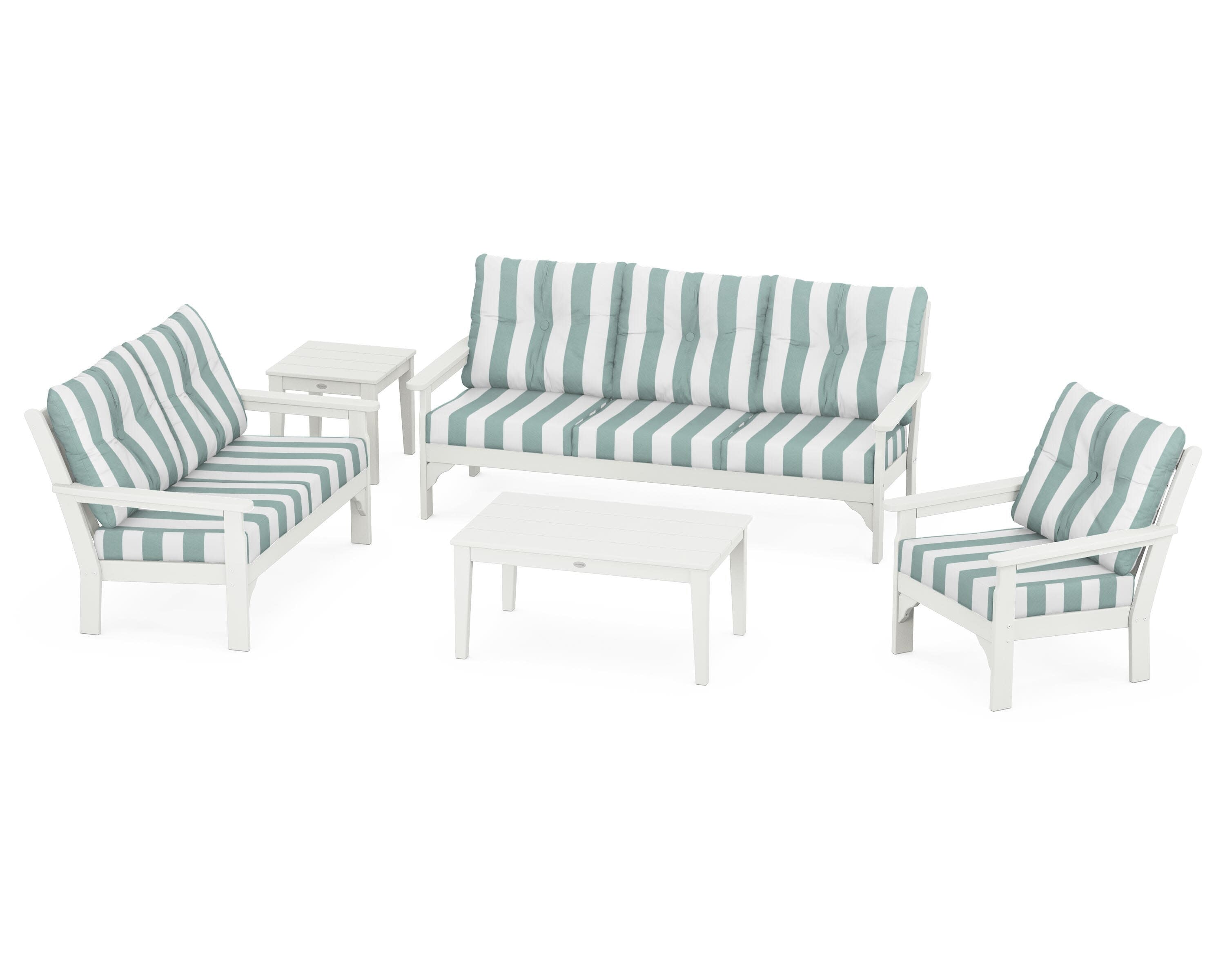 Vineyard 5 Piece Deep Seating Set in Vintage White / Cabana Stripe Glacier Spa
