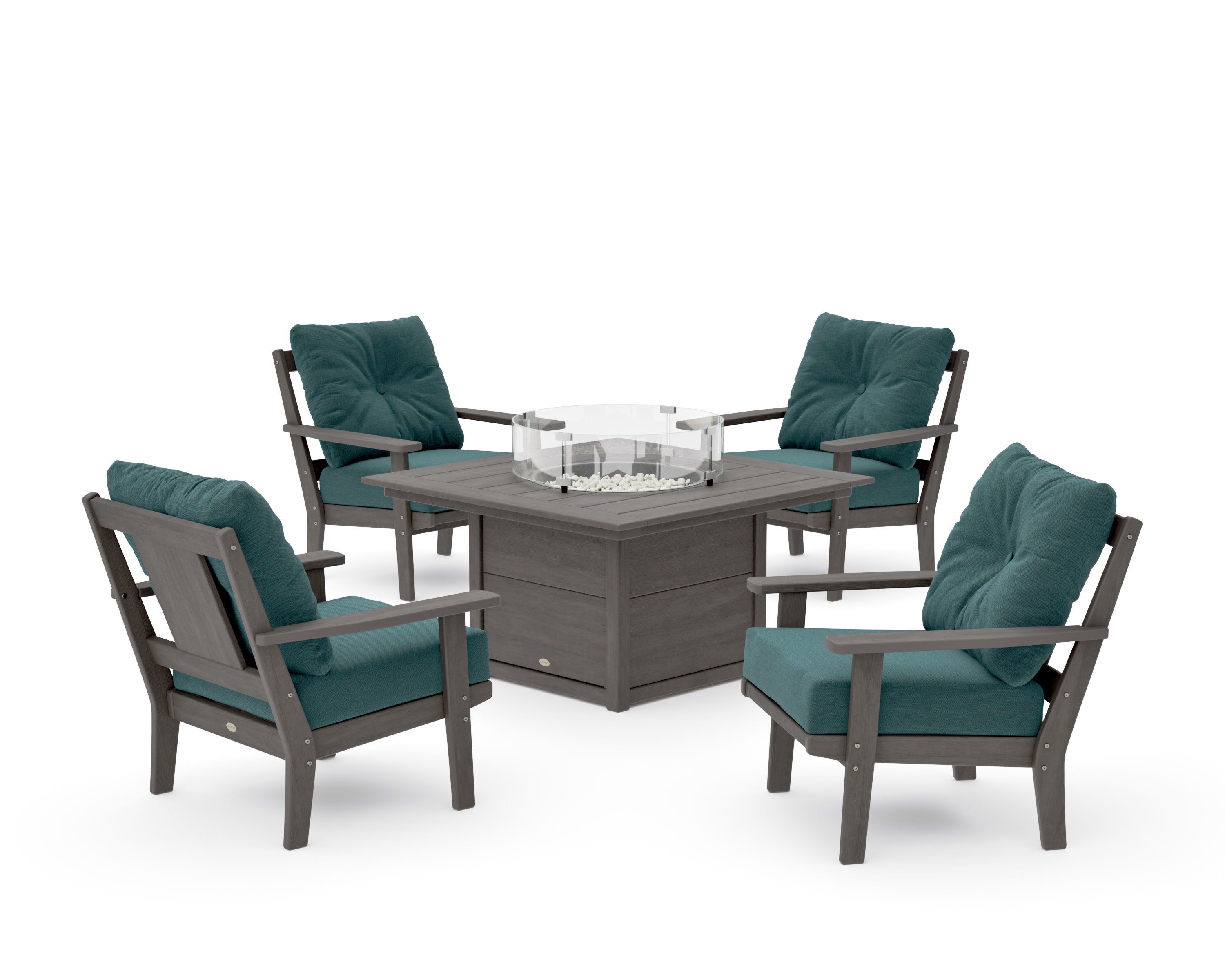 Prairie 5-Piece Deep Seating Set with Fire Pit Table in Driftwood / Ocean Teal