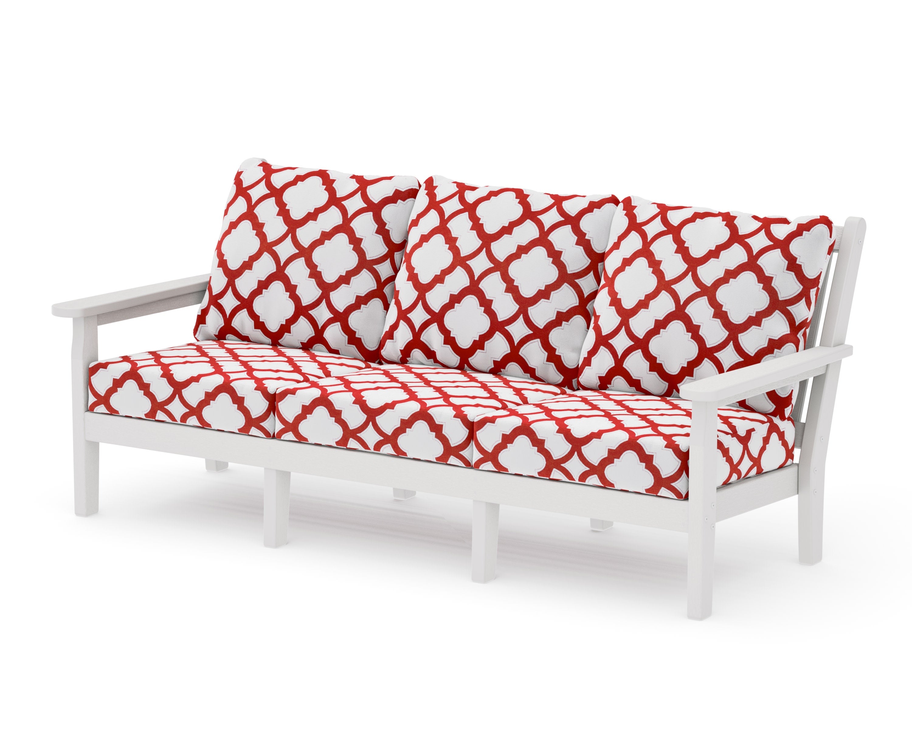 Chippendale Deep Seating Sofa in Vintage White / Trellis Crimson