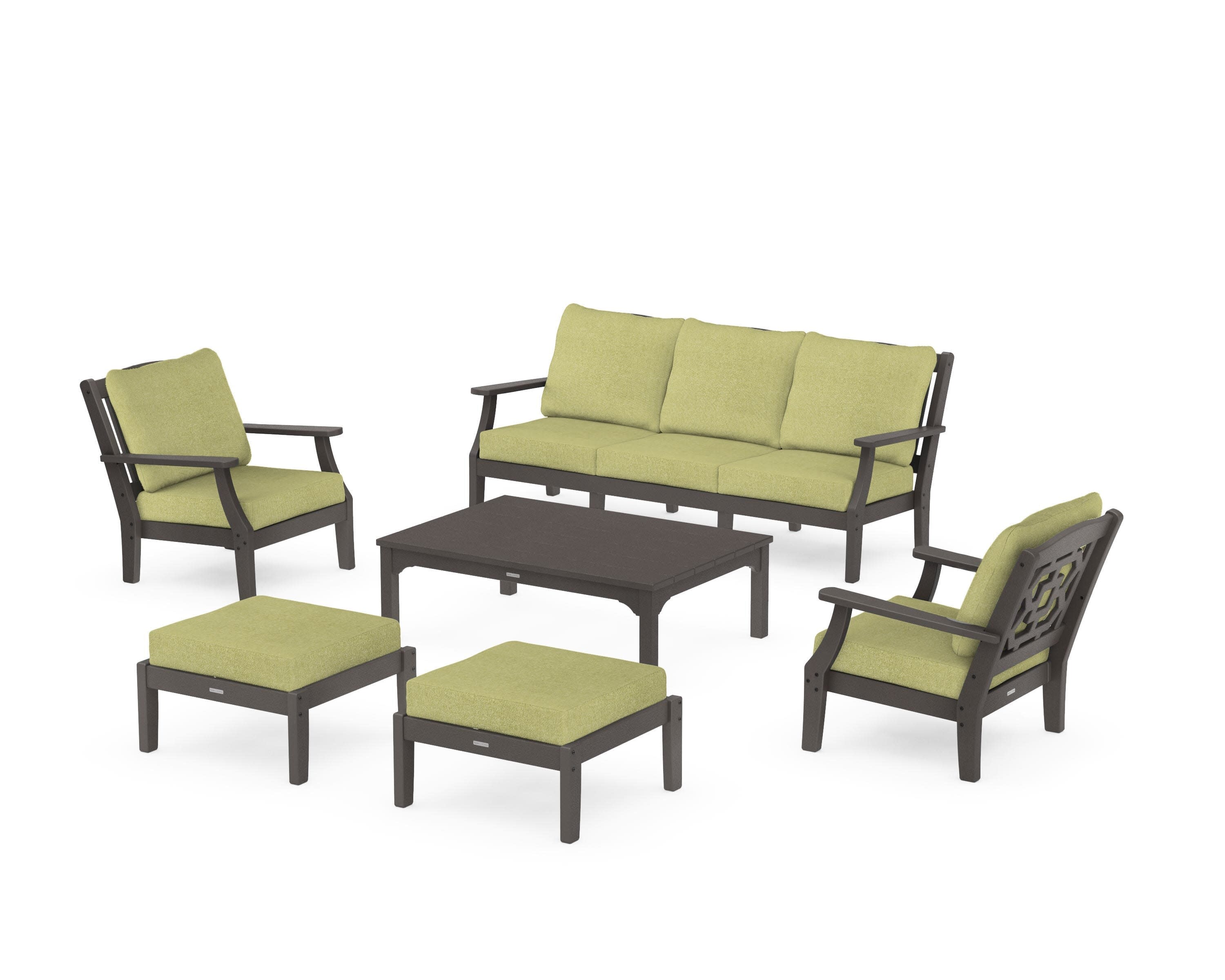 Chinoiserie 6-Piece Lounge Sofa Set in Vintage Coffee / Chartreuse Boucle