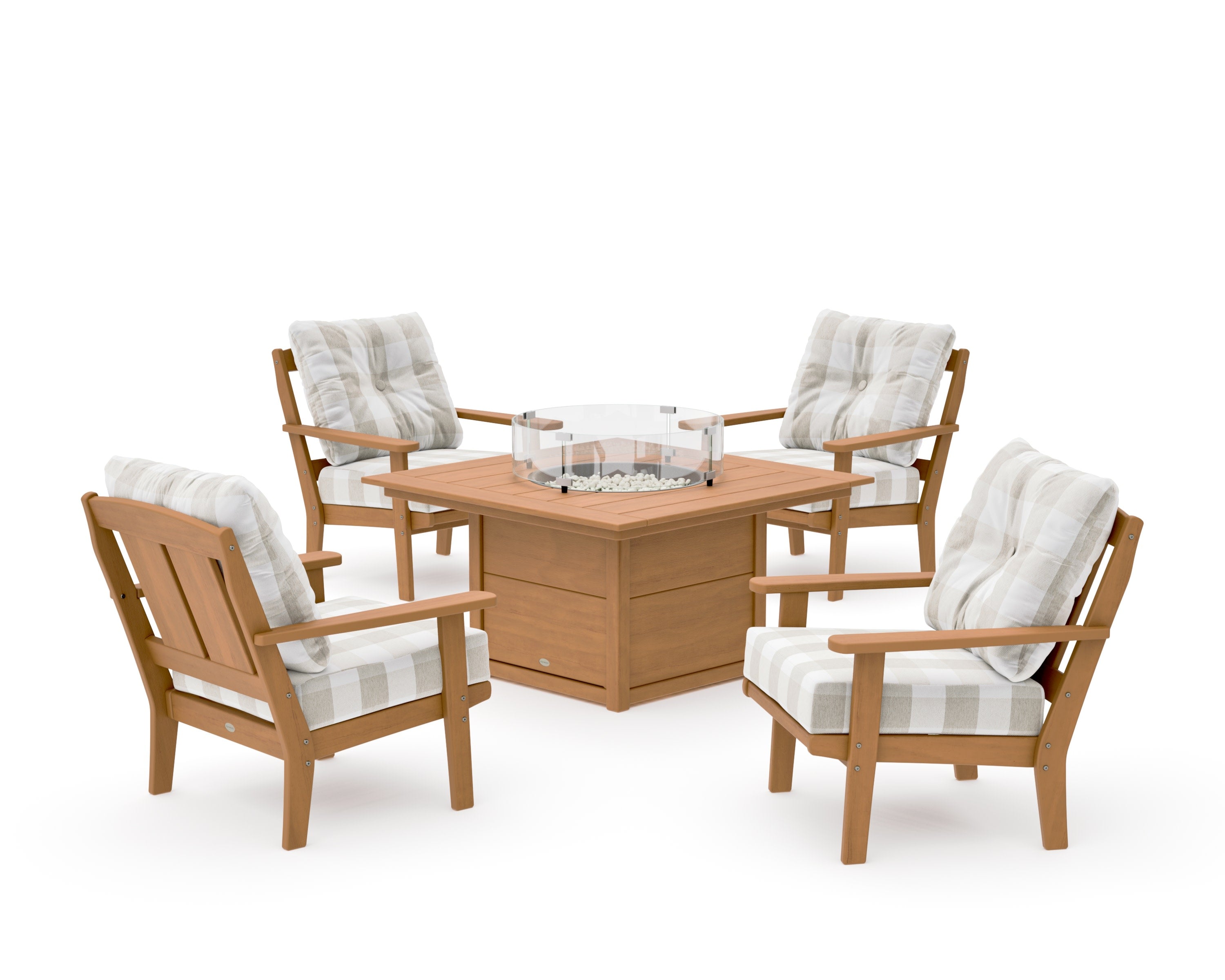 Mission 5-Piece Deep Seating Set with Fire Pit Table in Natural / Buffalo Plaid Dune Burlap