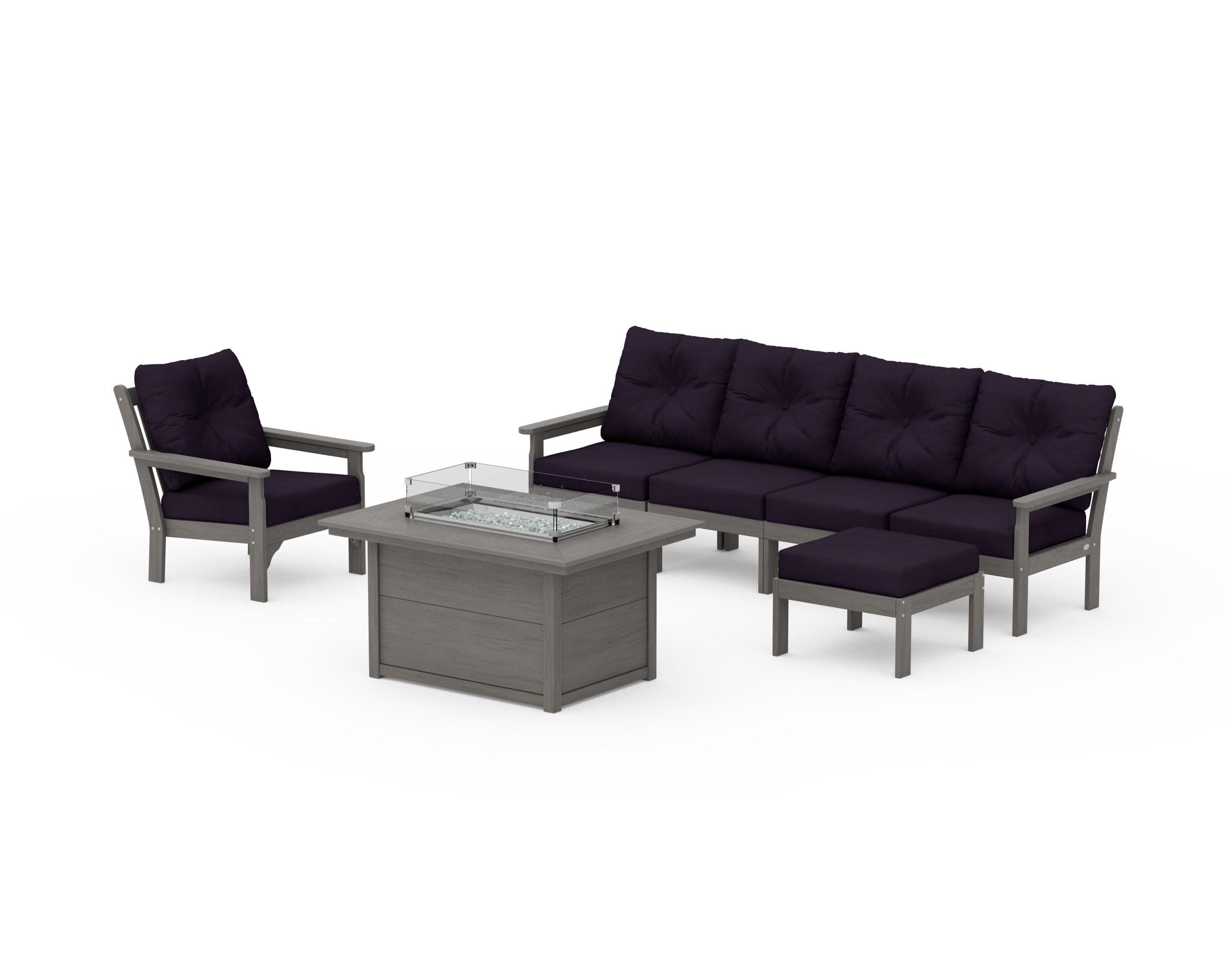 Vineyard Sectional Lounge and Fire Pit Set in Driftwood / Navy Linen