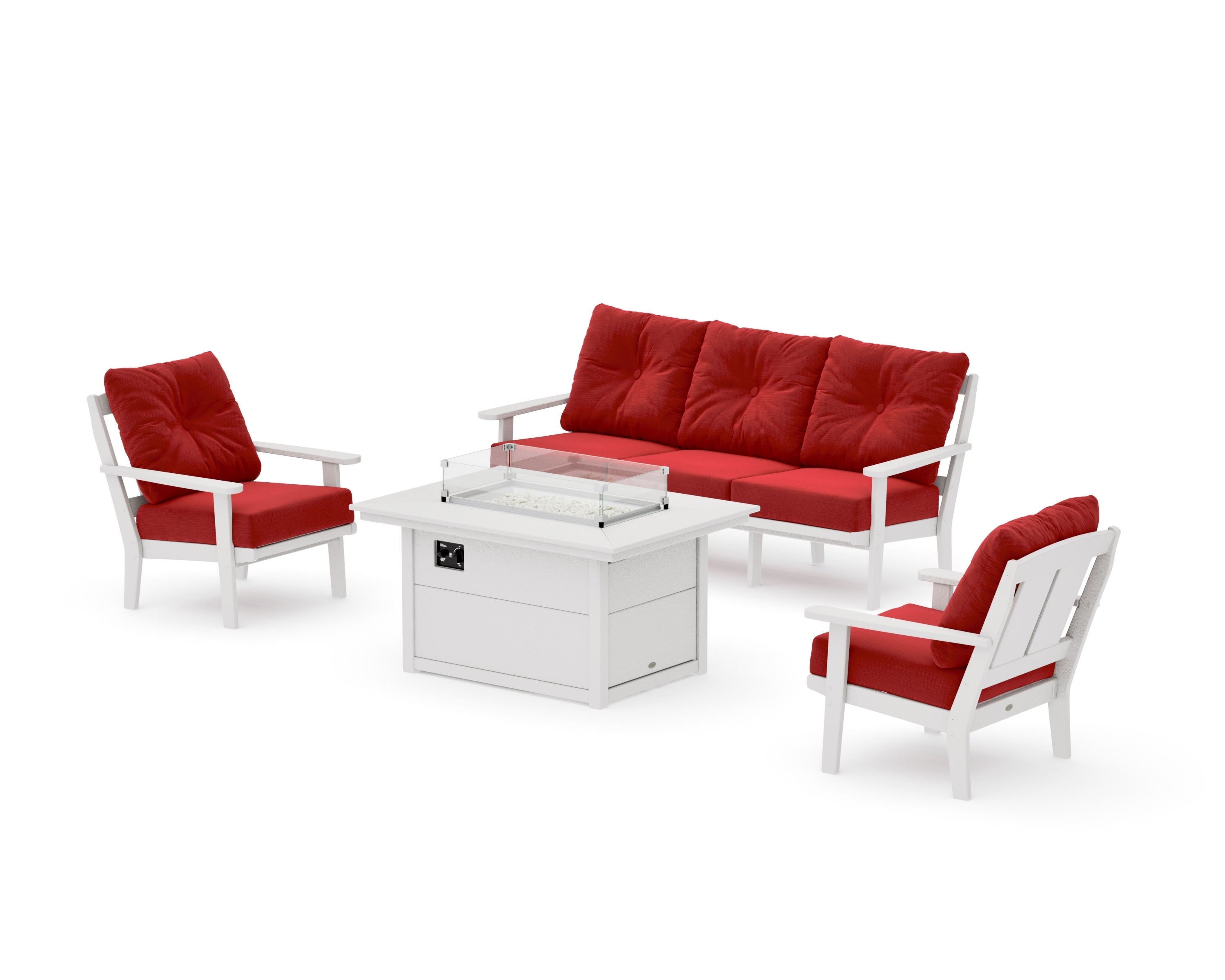 Mission Deep Seating Fire Pit Table Set in Vintage White / Crimson Linen