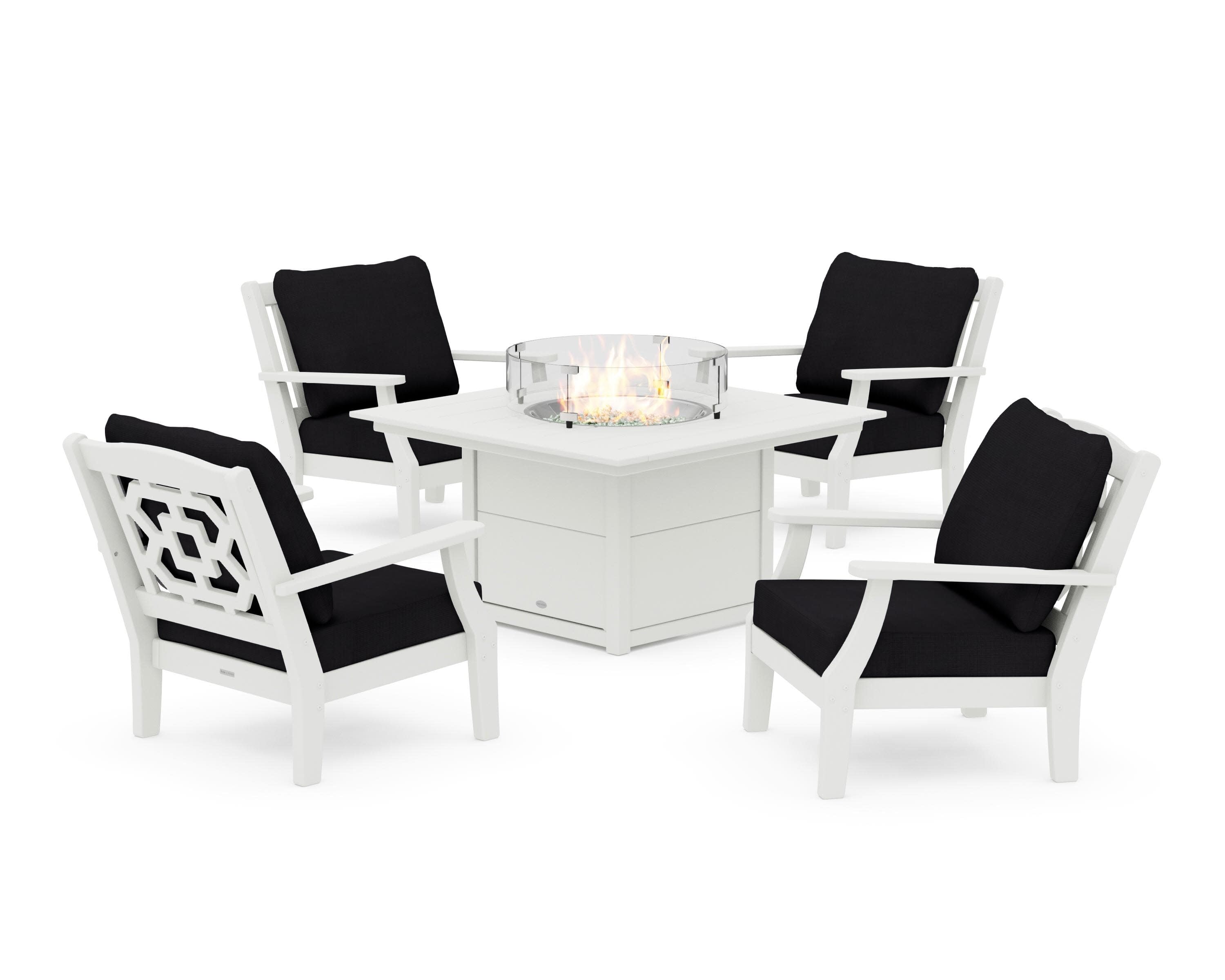 Chinoiserie 5-Piece Deep Seating Set with Fire Pit Table in Vintage White / Midnight Linen