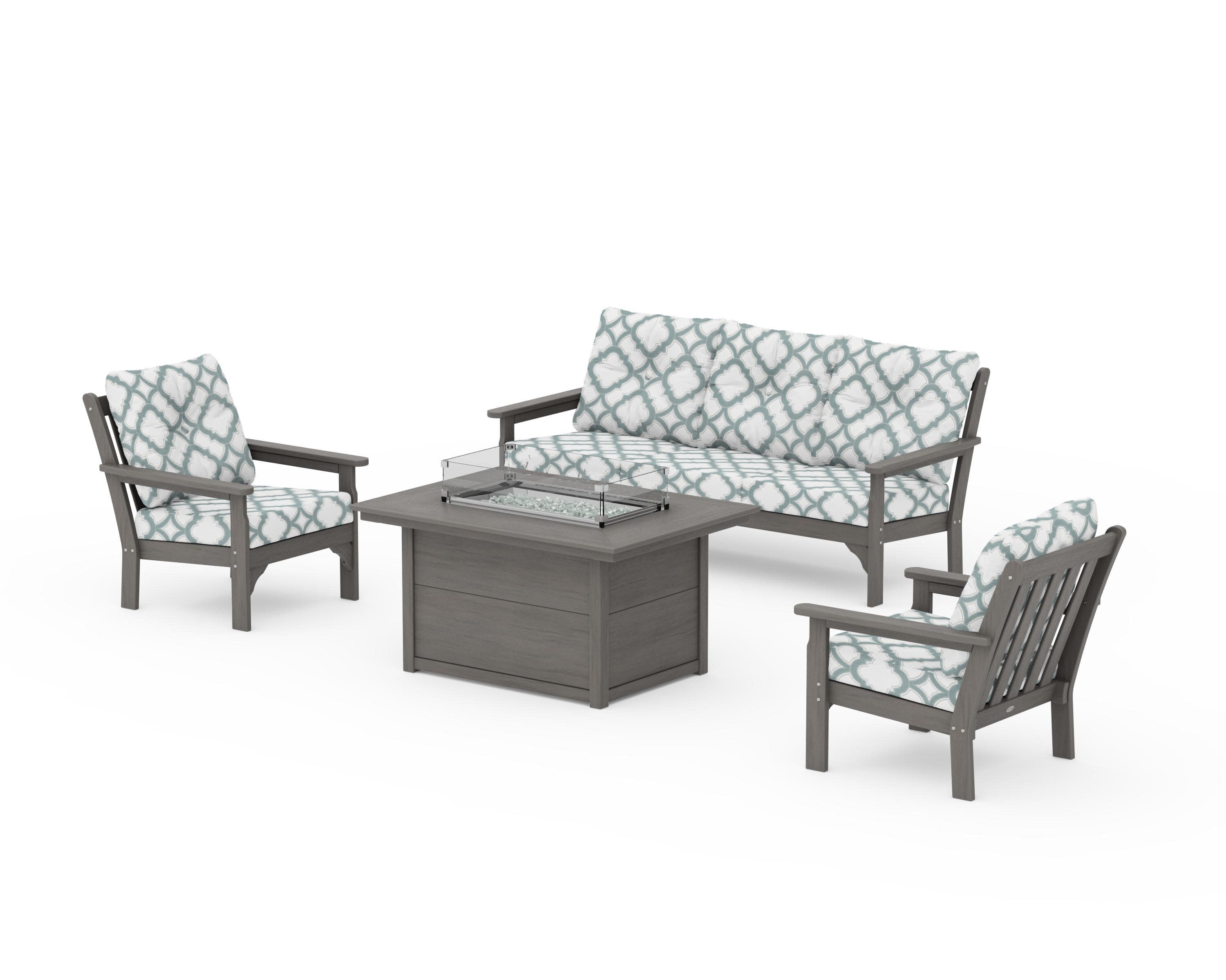 Vineyard Deep Seating Fire Pit Table Set in Driftwood / Trellis Glacier Spa