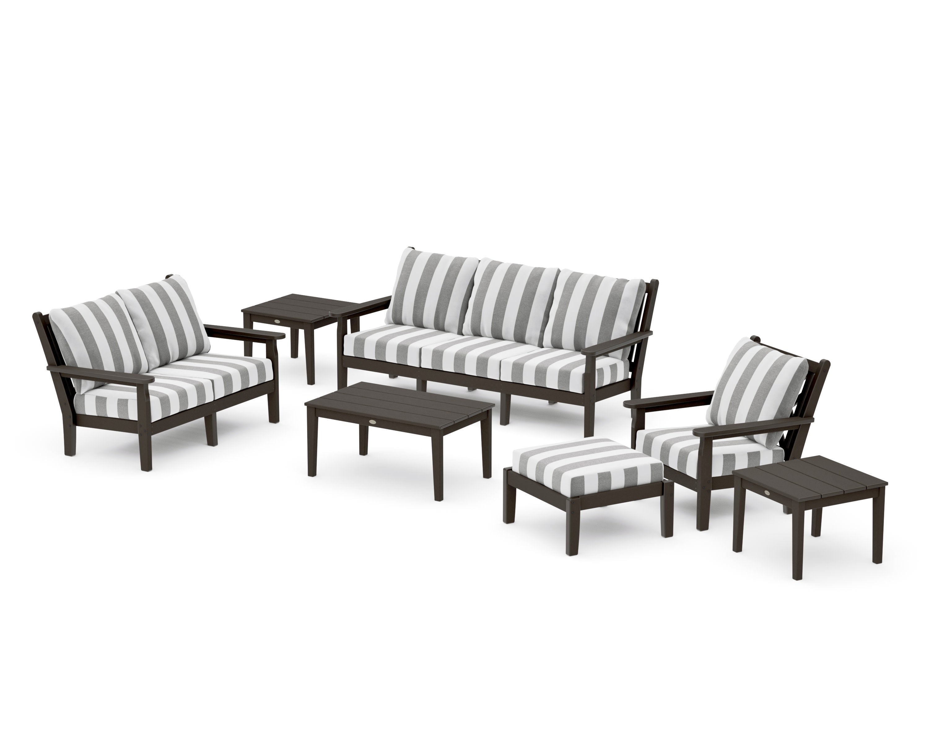 Chippendale 7-Piece Deep Seating Set in Vintage Coffee / Cabana Stripe Grey Mist