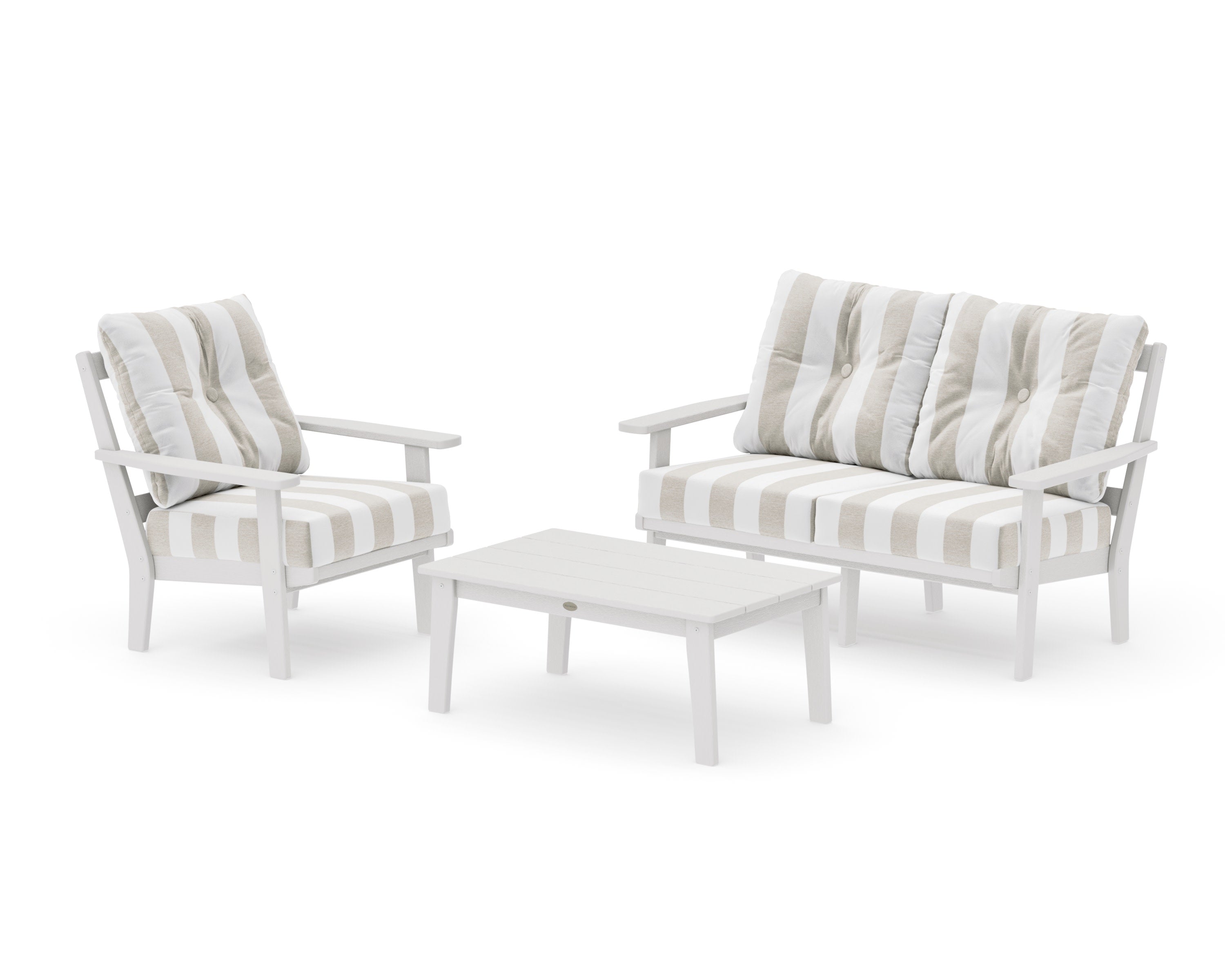 Oxford 3-Piece Deep Seating Set with Loveseat in Vintage White / Cabana Stripe Dune Burlap