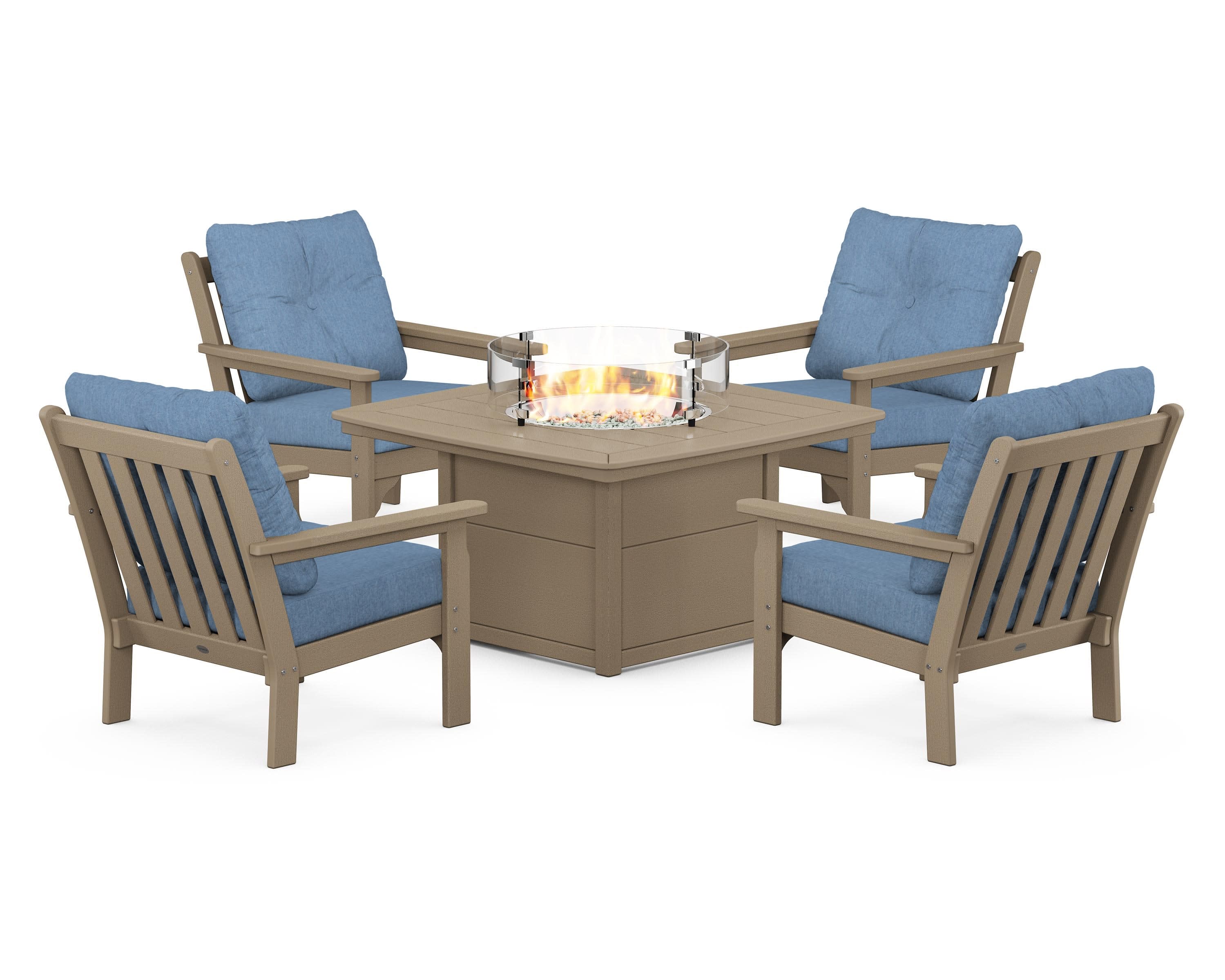 Vineyard 5-Piece Conversation Set with Fire Pit Table in Vintage Sahara / Sky Blue