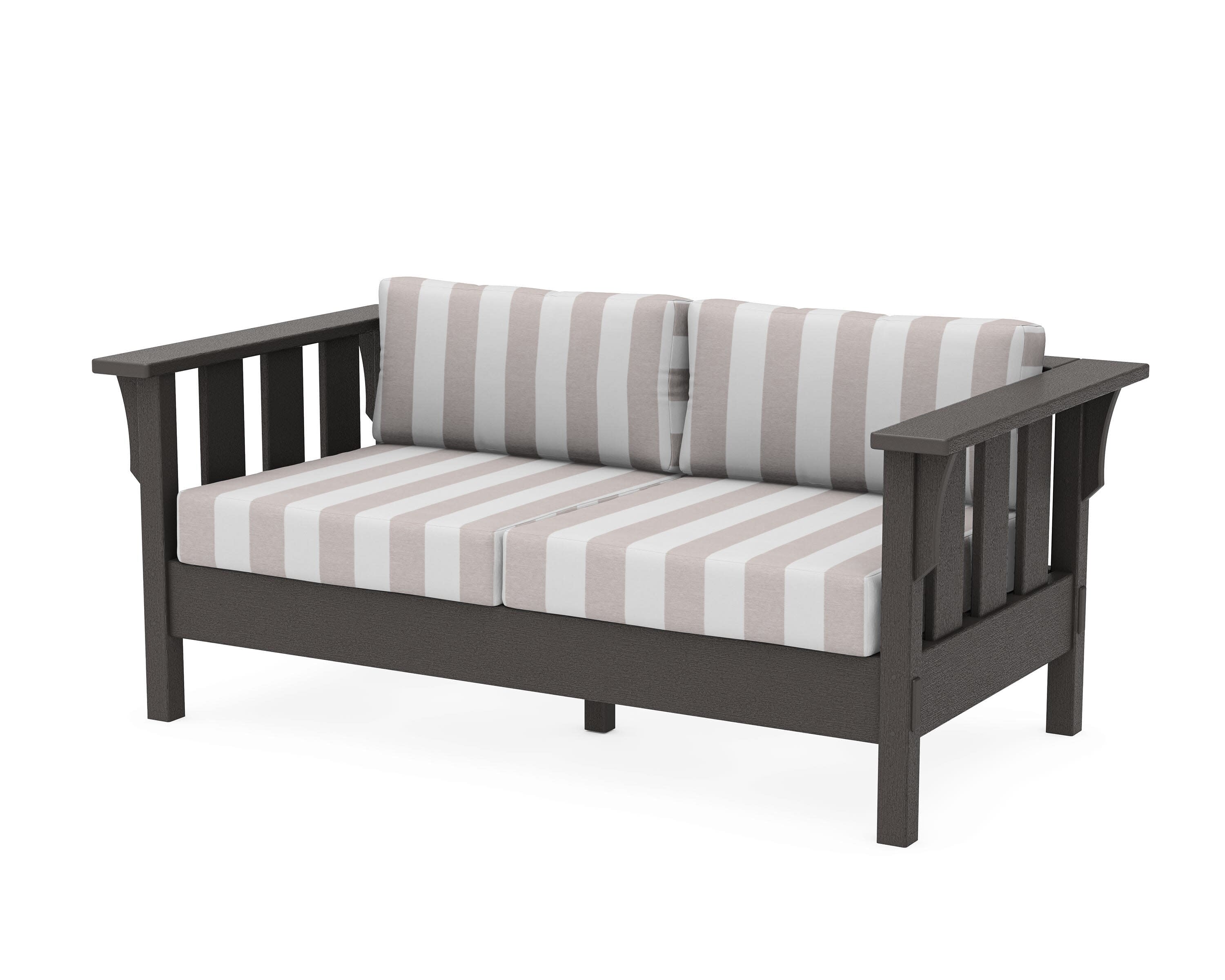 Acadia Deep Seating Loveseat in Vintage Coffee / Cabana Stripe Dune Burlap