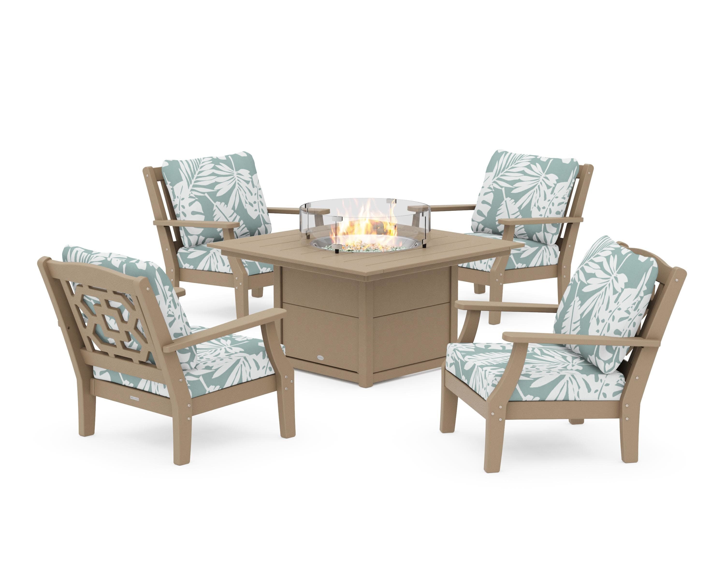 Chinoiserie 5-Piece Deep Seating Set with Fire Pit Table in Vintage Sahara / Leaf Glacier Spa