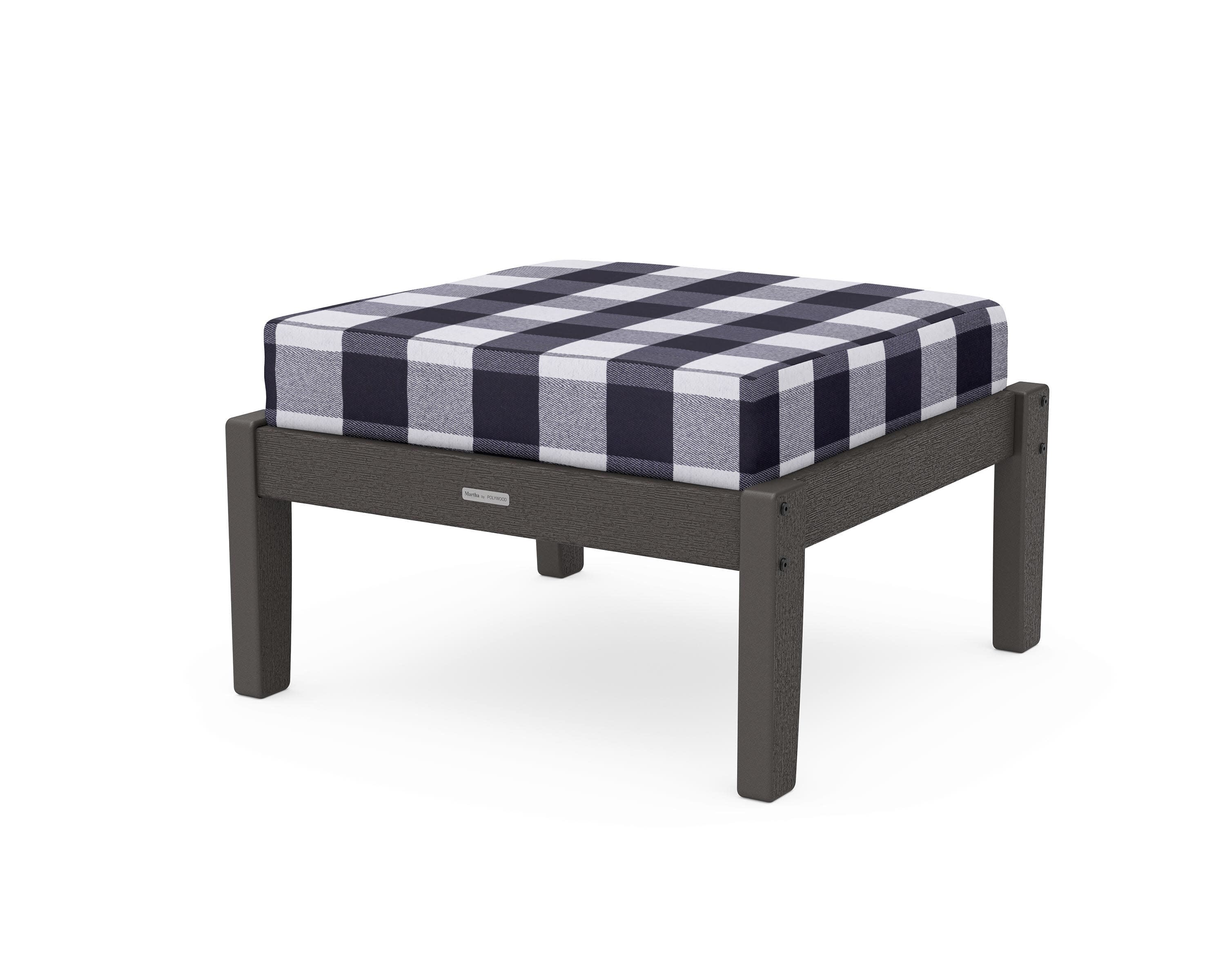Chinoiserie Deep Seating Ottoman in Vintage Coffee / Buffalo Plaid Navy