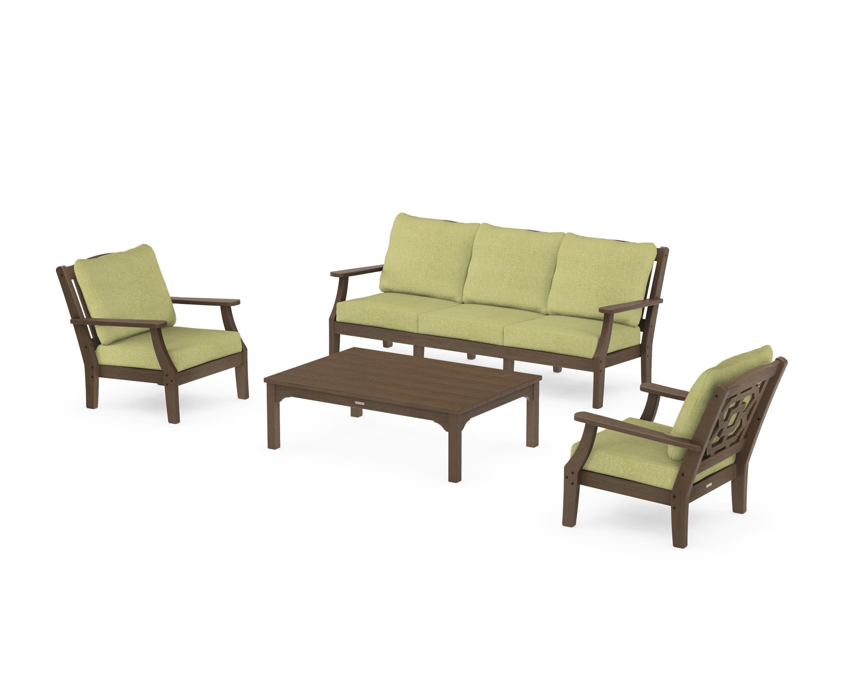 Chinoiserie 4-Piece Deep Seating Set with Sofa in Kona / Chartreuse Boucle