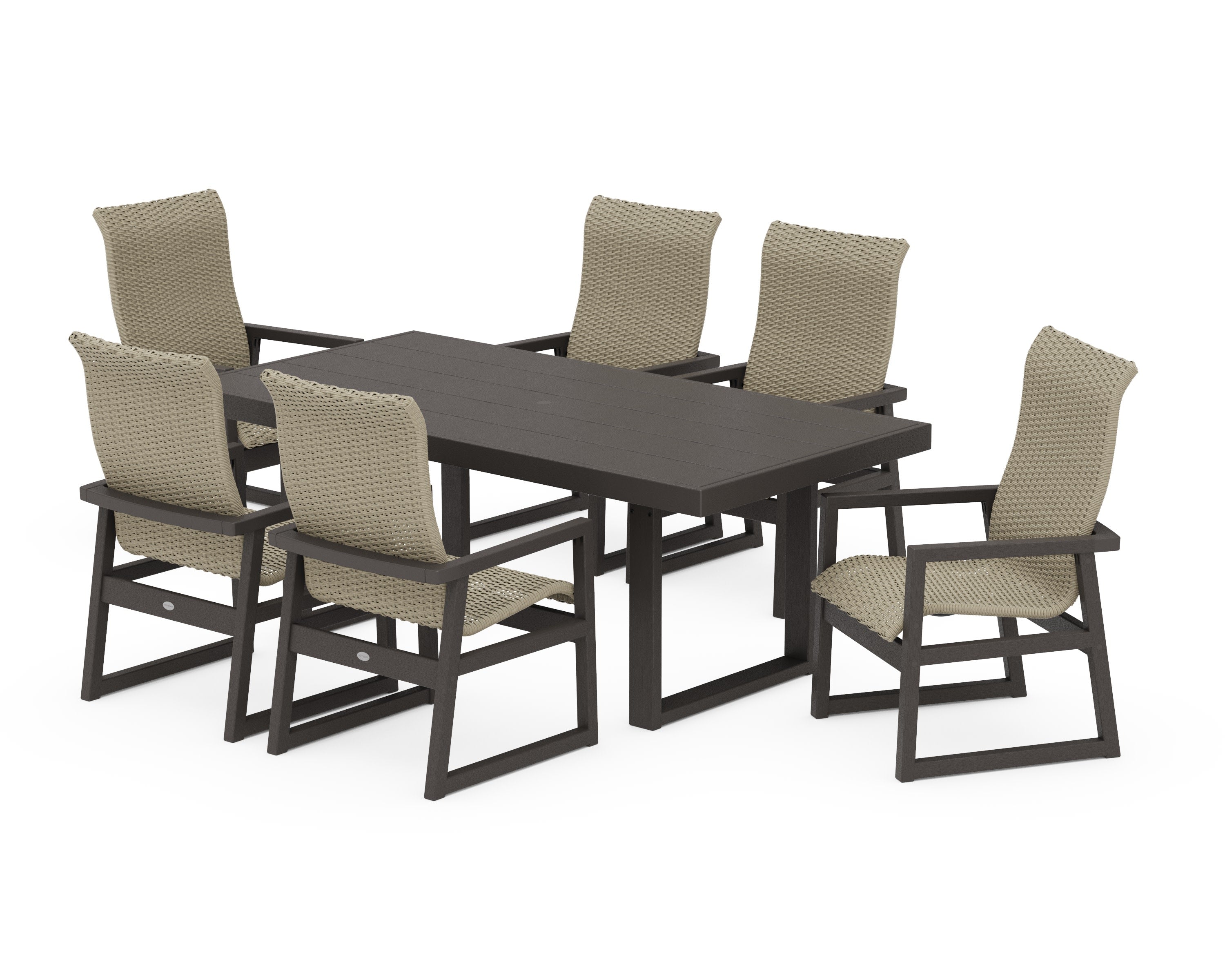 EDGE Woven Highback Arm Chair 7-Piece Dining Set in Vintage Coffee / Dune Grass