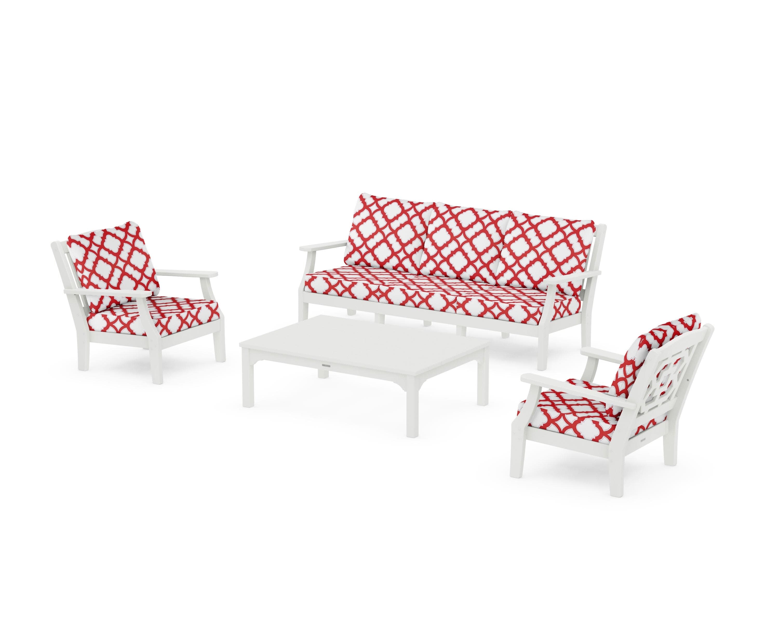 Chinoiserie 4-Piece Deep Seating Set with Sofa in Vintage White / Trellis Crimson