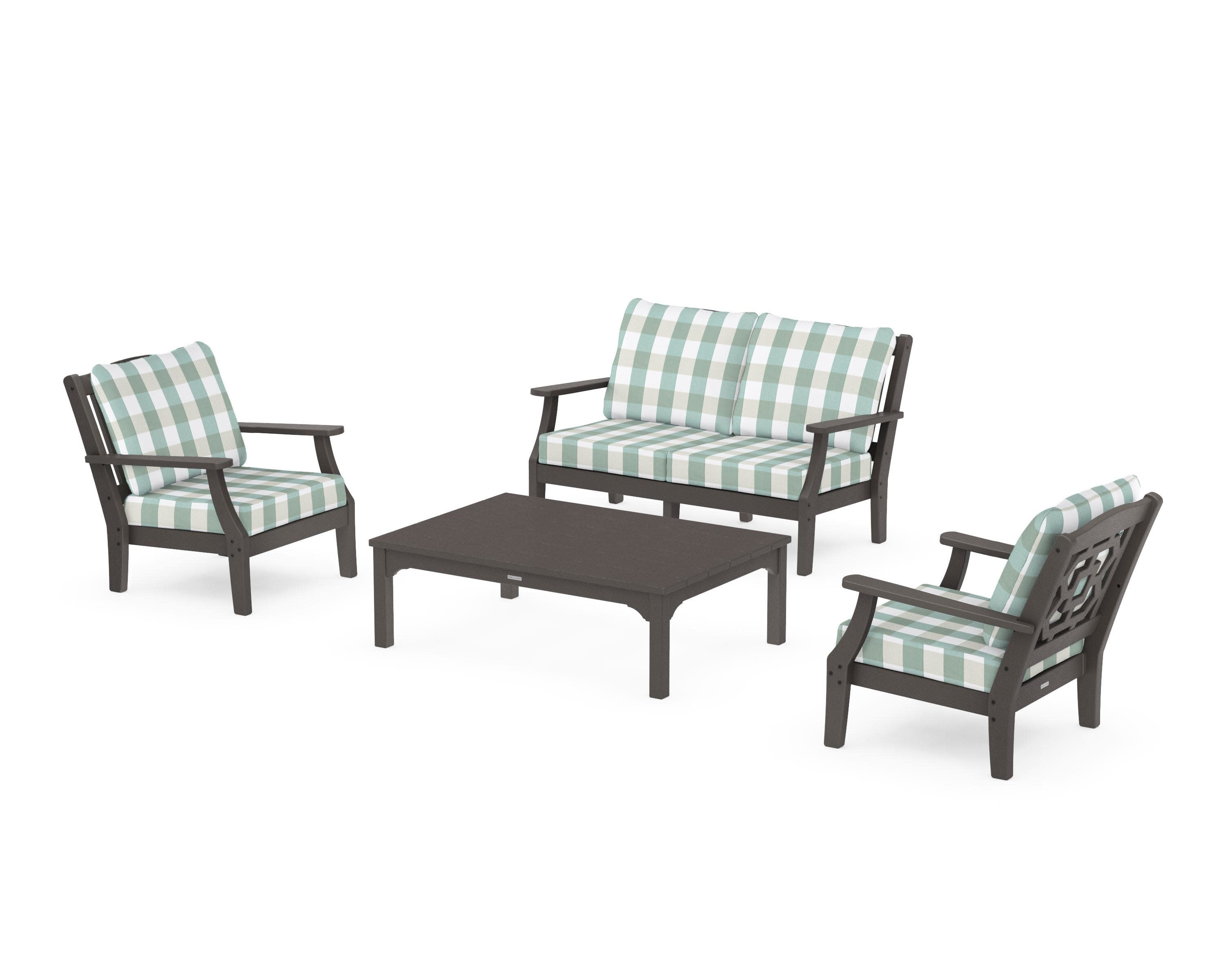 Chinoiserie 4-Piece Deep Seating Set with Loveseat in Vintage Coffee / Buffalo Plaid Glacier Spa