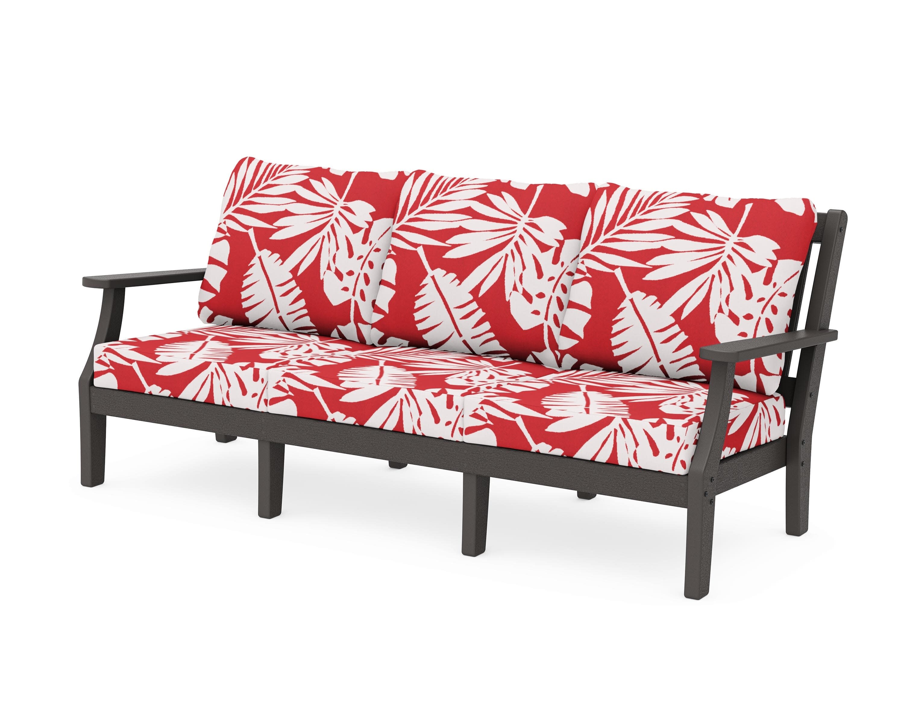 Chinoiserie Deep Seating Sofa in Vintage Coffee / Leaf Crimson