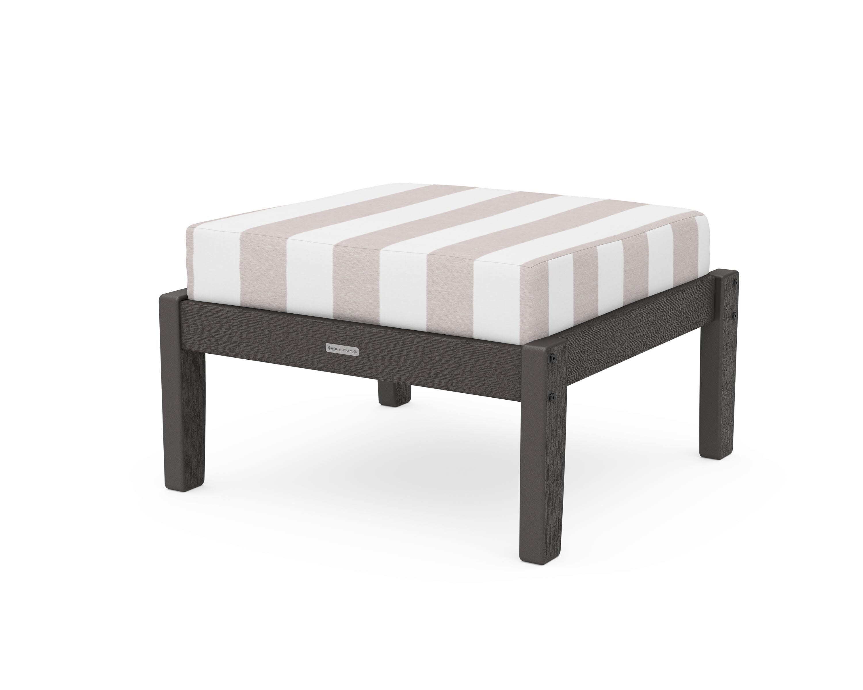 Chinoiserie Deep Seating Ottoman in Vintage Coffee / Cabana Stripe Dune Burlap