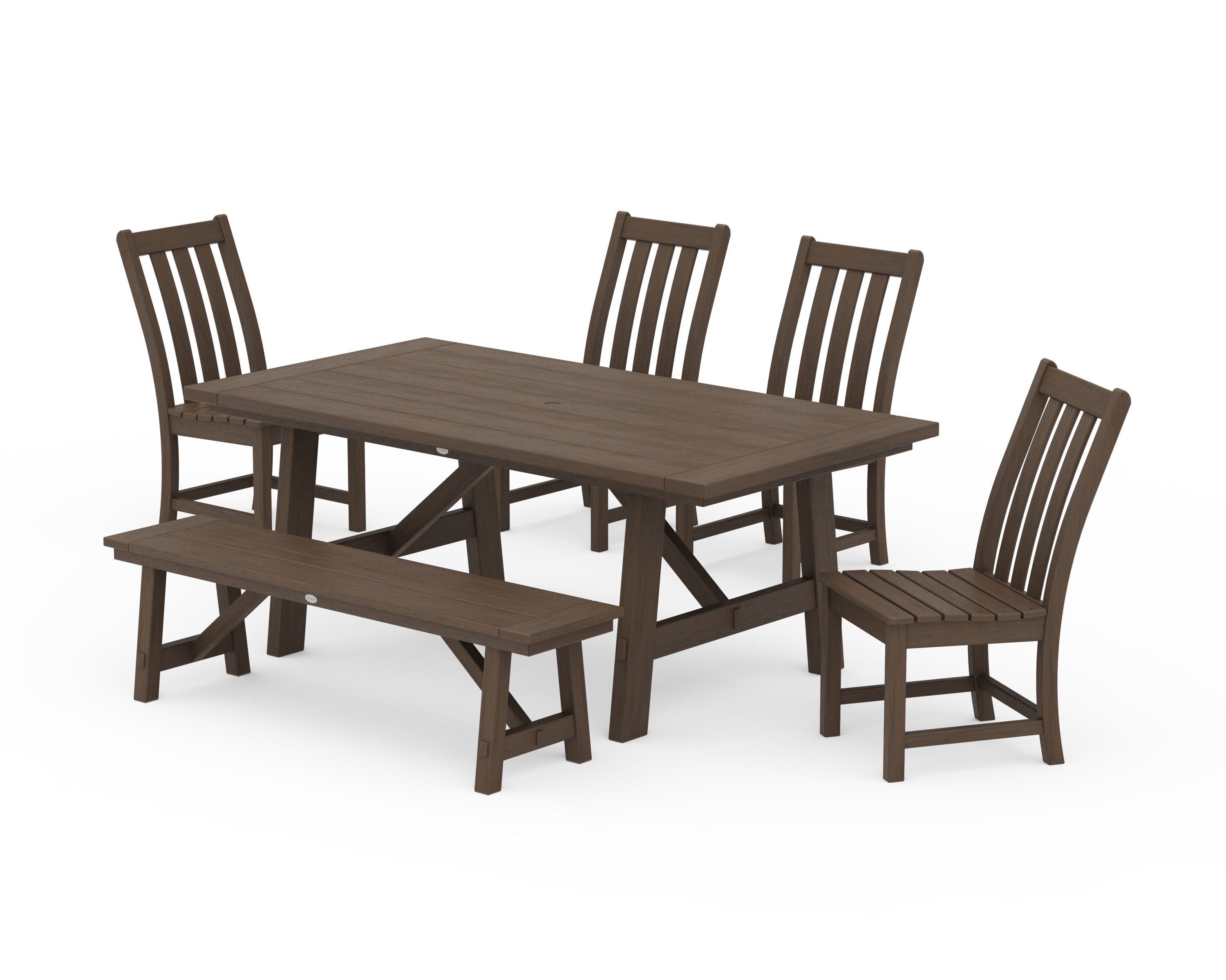 Vineyard 6-Piece Rustic Farmhouse Side Chair Dining Set with Bench in Kona
