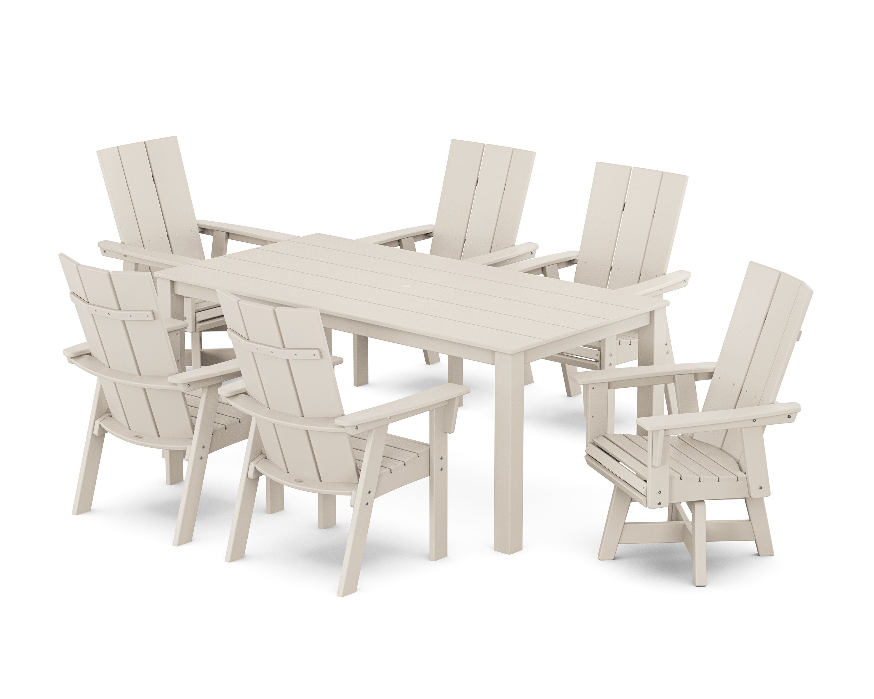 Modern Curveback Adirondack 7-Piece Parsons Swivel Dining Set in Sand