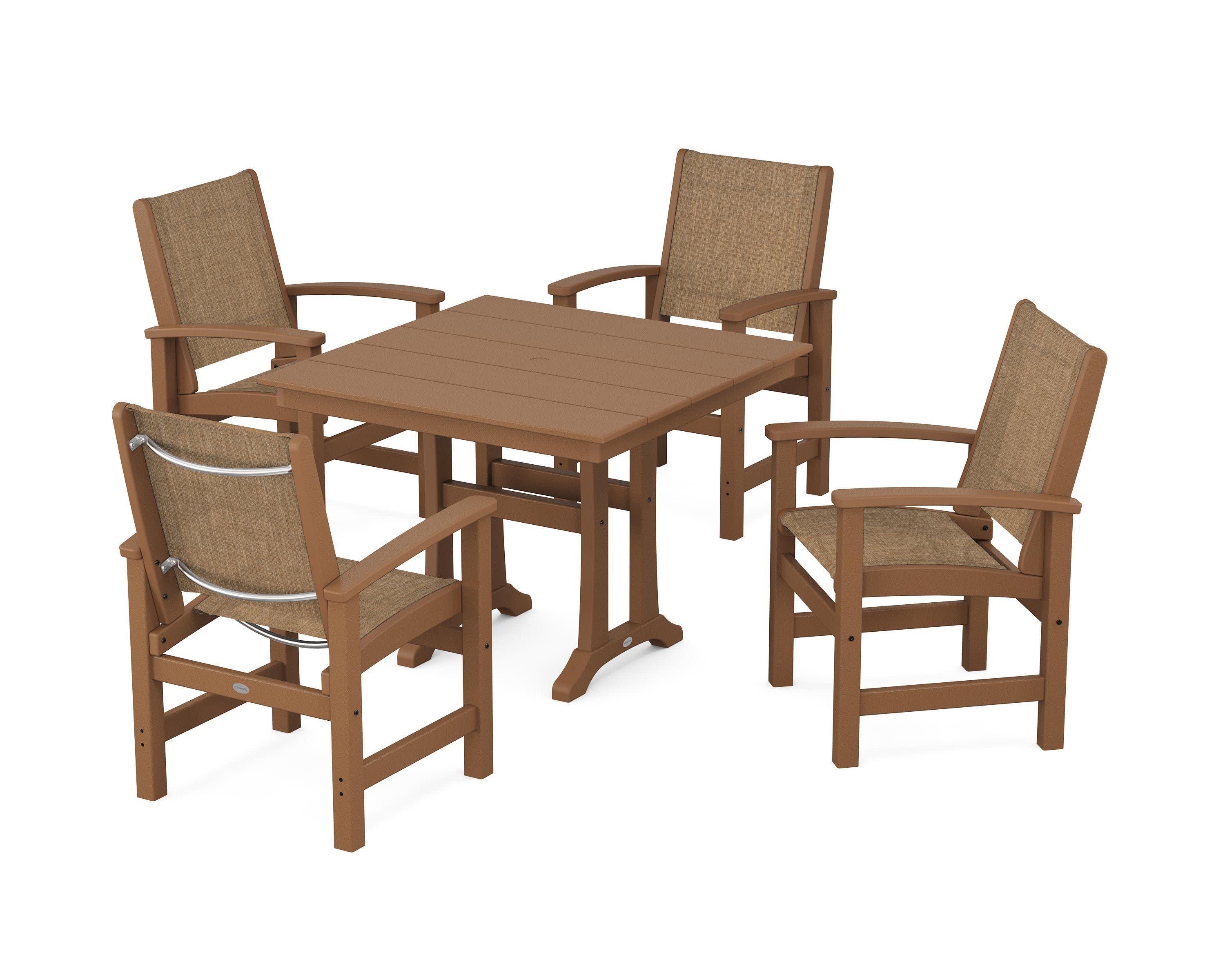Coastal 5-Piece Farmhouse Dining Set With Trestle Legs in Teak / Burlap Sling