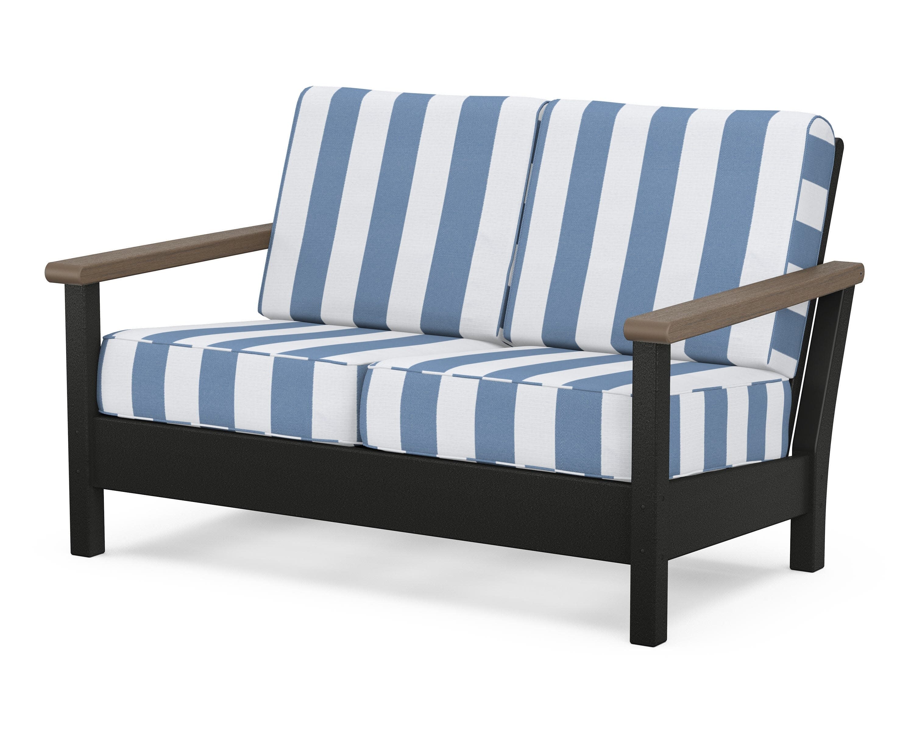 Harbour Deep Seating Loveseat in Black / Kona / Cabana Stripe Sky Blue