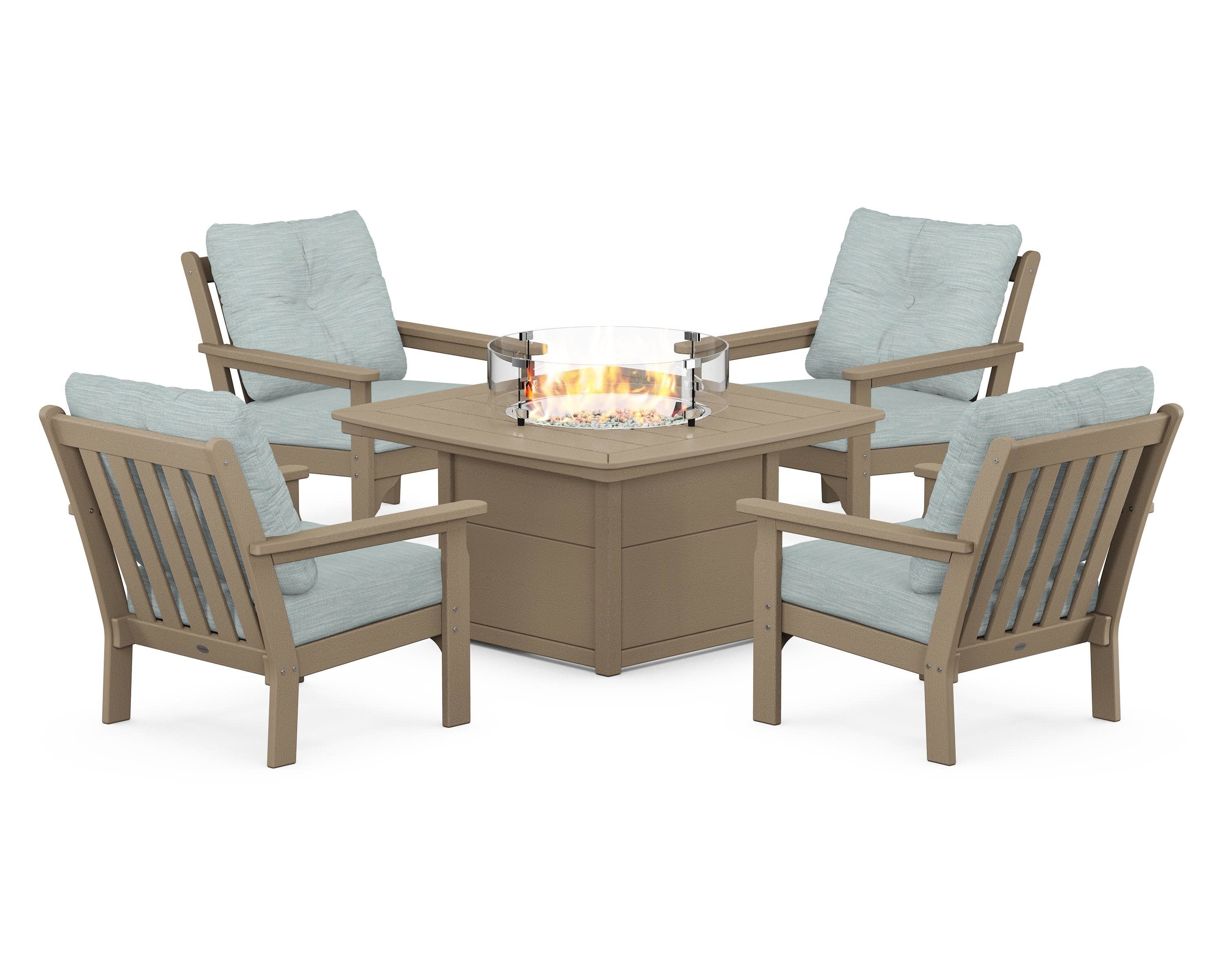 Vineyard 5-Piece Conversation Set with Fire Pit Table in Vintage Sahara / Soothe Mist