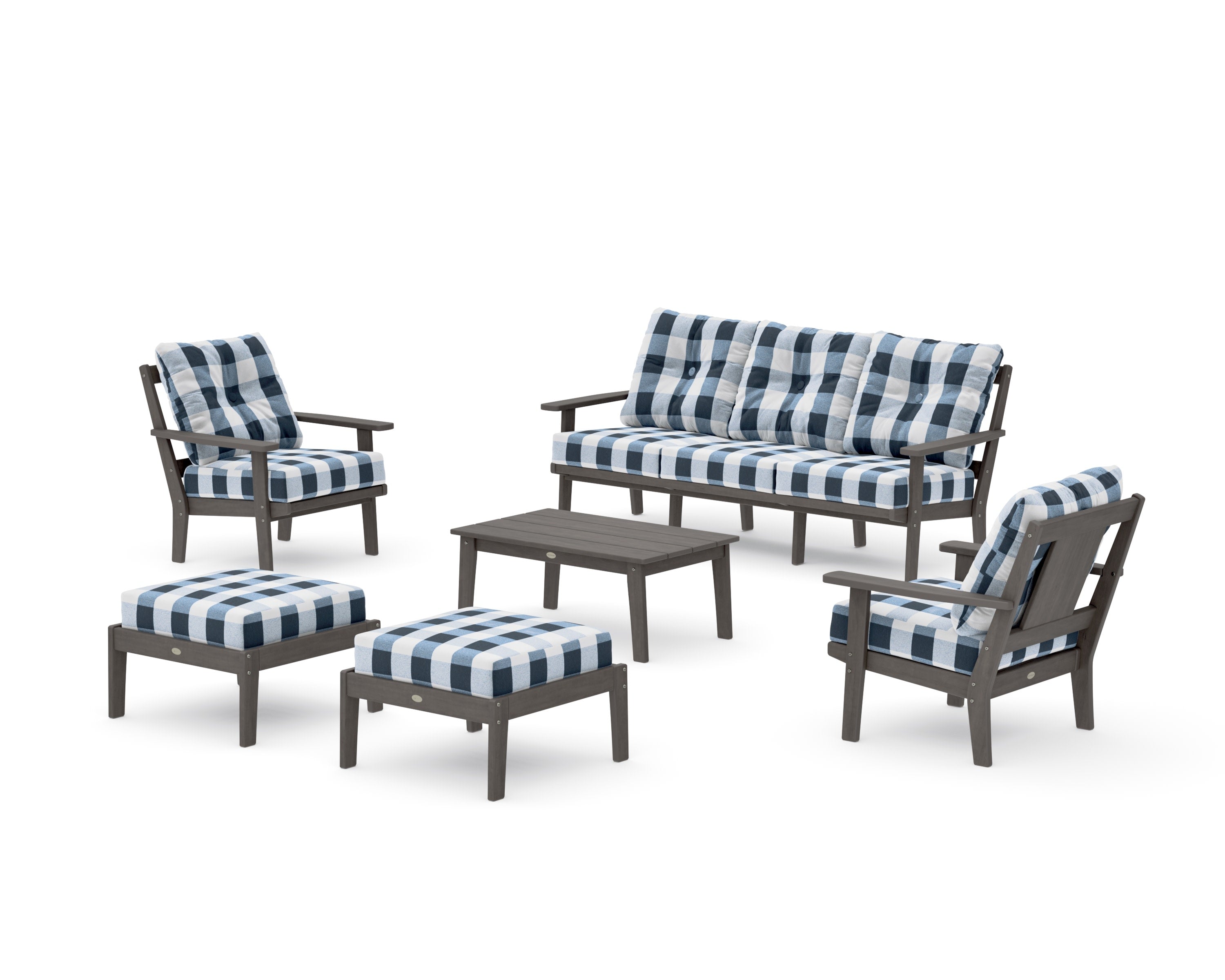 Prairie 6-Piece Lounge Sofa Set in Driftwood / Buffalo Plaid Marine Indigo